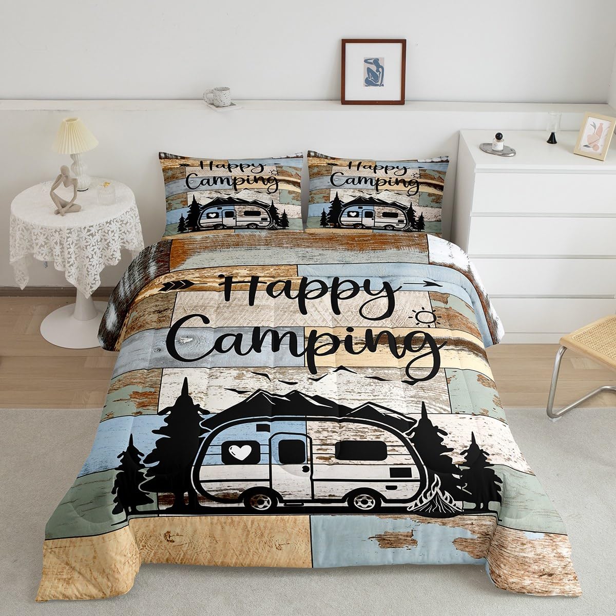 Feelyou Kids Happy Camping Comforter Set Full Size Camper Bedding Set for Teens Bedroom Decor RV Camping Comforter Women Men Cartoon Camping Car