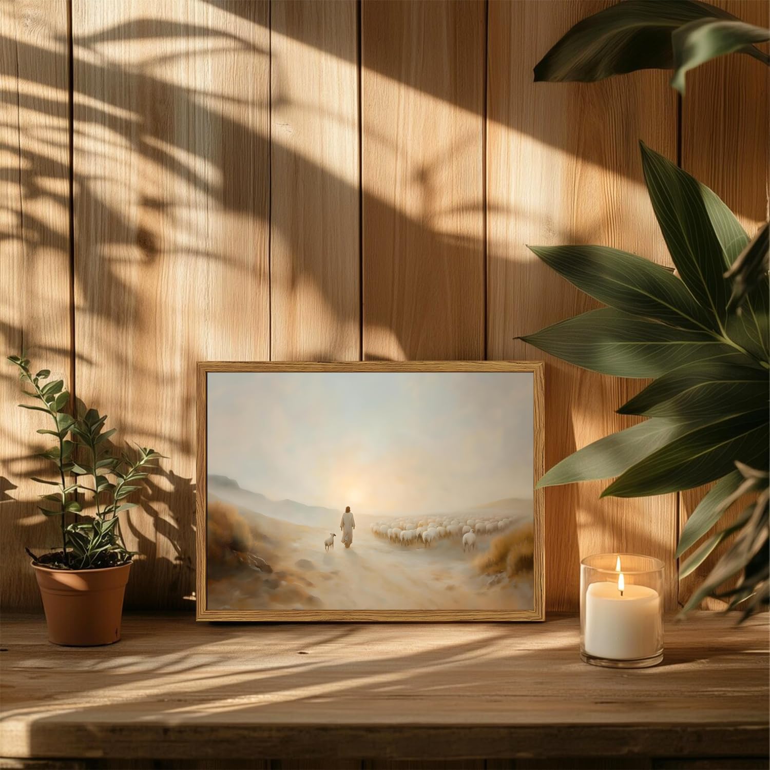 Framed Jesus Leaves the 99 Sheep Wall Art, Christian Wall Decor Paintings, Jesus and The Lost Lamb Pictures Canvas Prints Religious Home Decor for Living Room Bedroom Church Prayer 16x24 inch