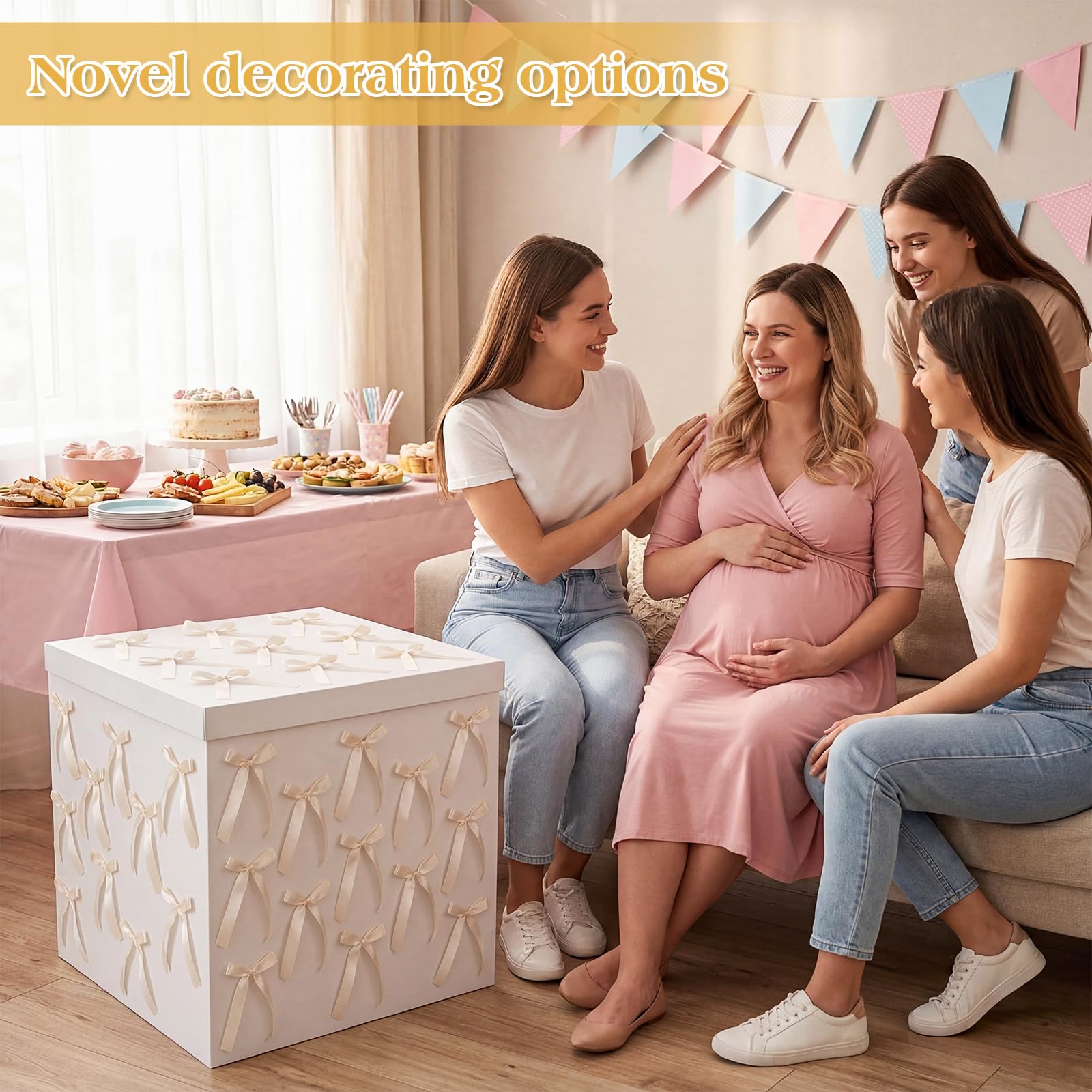 Kolldenn Scatola regalo extra large con coperchio, 71 x 71 x 71 cm, gigante, bianca, con fiocco e nastro, per rivelare il genere, grande regalo, compleanno, celebrazioni speciali, anniversari