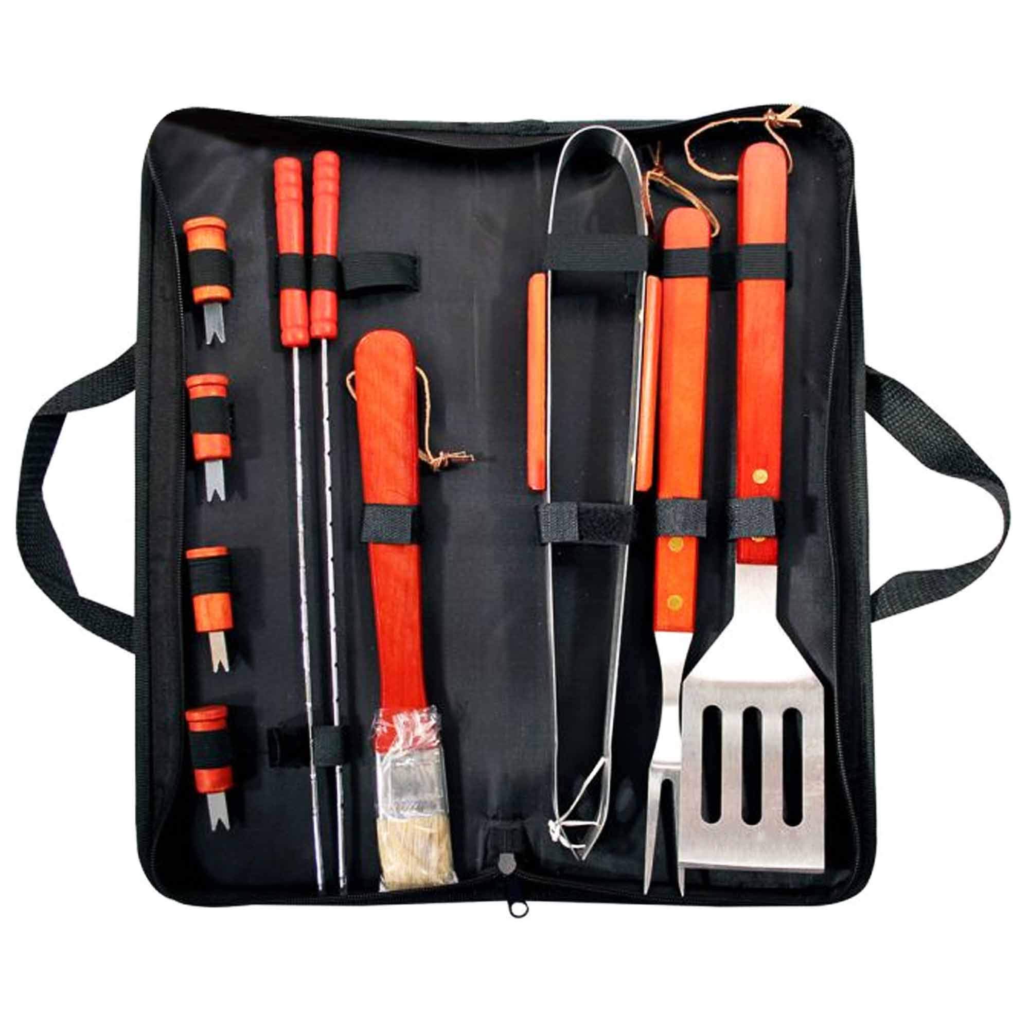 Premium Barbecue BBQ 11 Piece Tool Set Including Tongs, Fork, Spatula With Rustic Wooden Handles Plus Skewers, Corn Holders & Carry Case