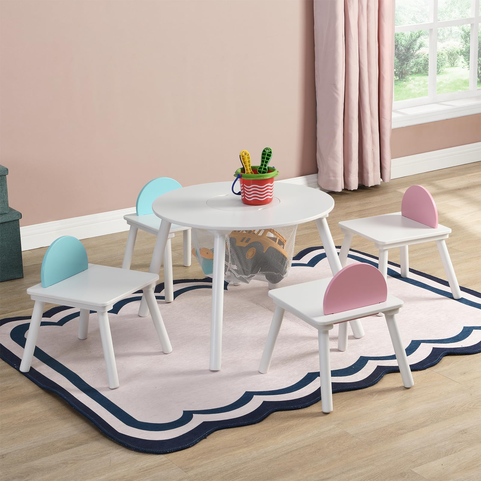 SPOFLYINN 5 Pcs Children's Panel Table with 4 Chairs, Hidden Storage Bag Kitchen Chairs Modern Artistic Chairs for Dining Room, Kitchen, Children's Room White One Size