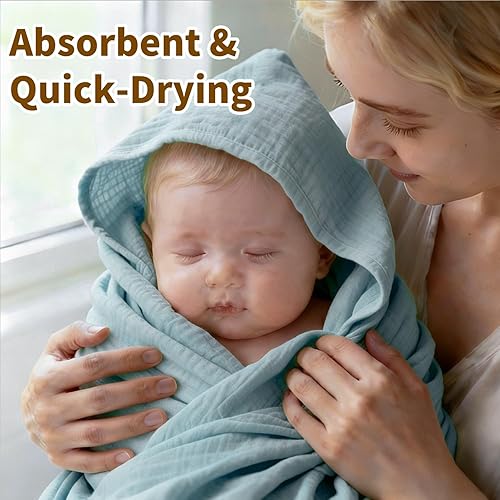 Miniatura 4 de Toallas de baño de muselina con capucha para bebé, paquete de 2 toallas 100% algodón orgánico para bebés, bebés, niños pequeños, 32 x 32 pulgadas,