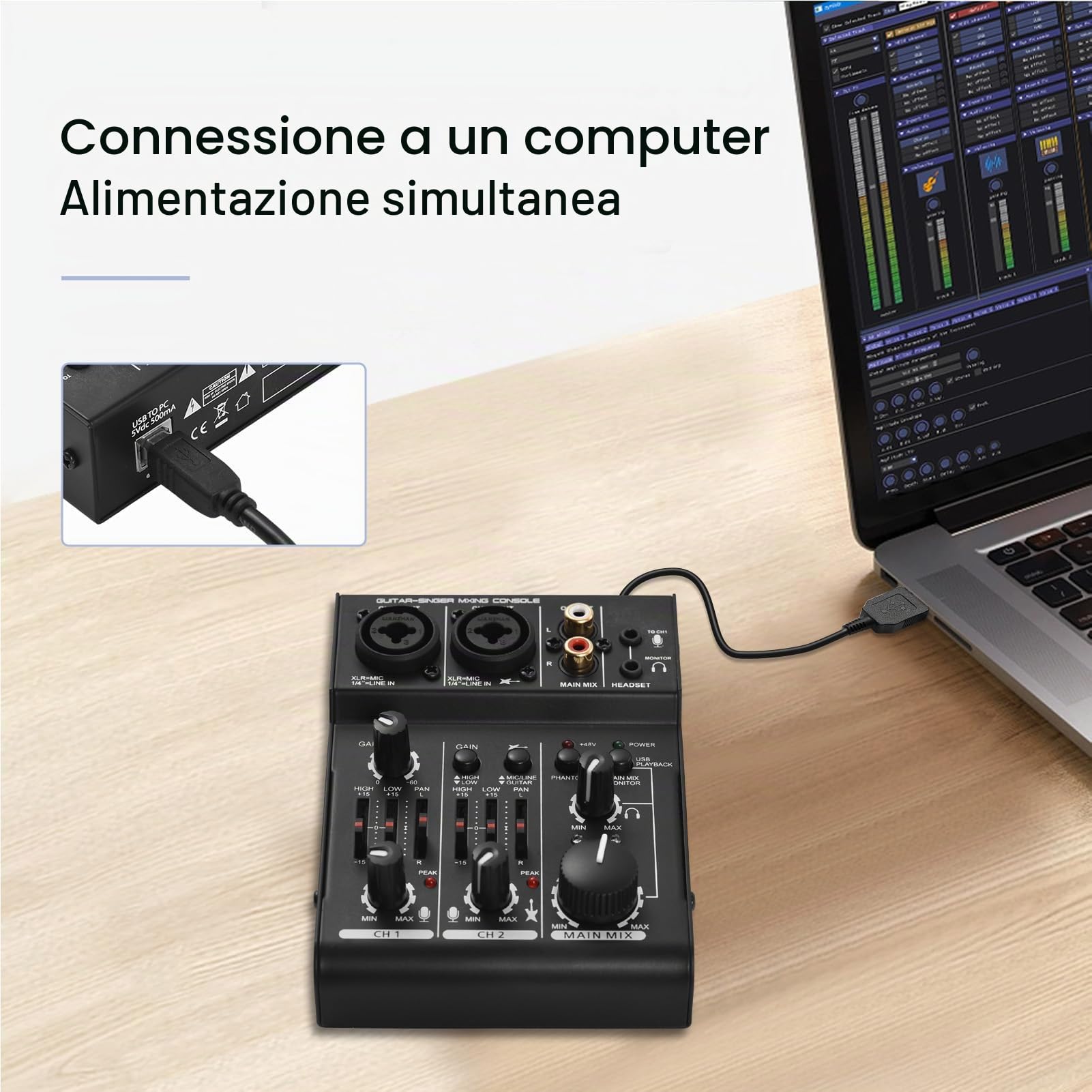 POENVFPO Mixer Audio USB a 2 con Alimentazione Phantom 48 V, Ingresso/uscita Stereo, Misuratori di Livello LED, Ingressi XLR e 1/4 di Pollice per DJ, Registrazione in Home Studio