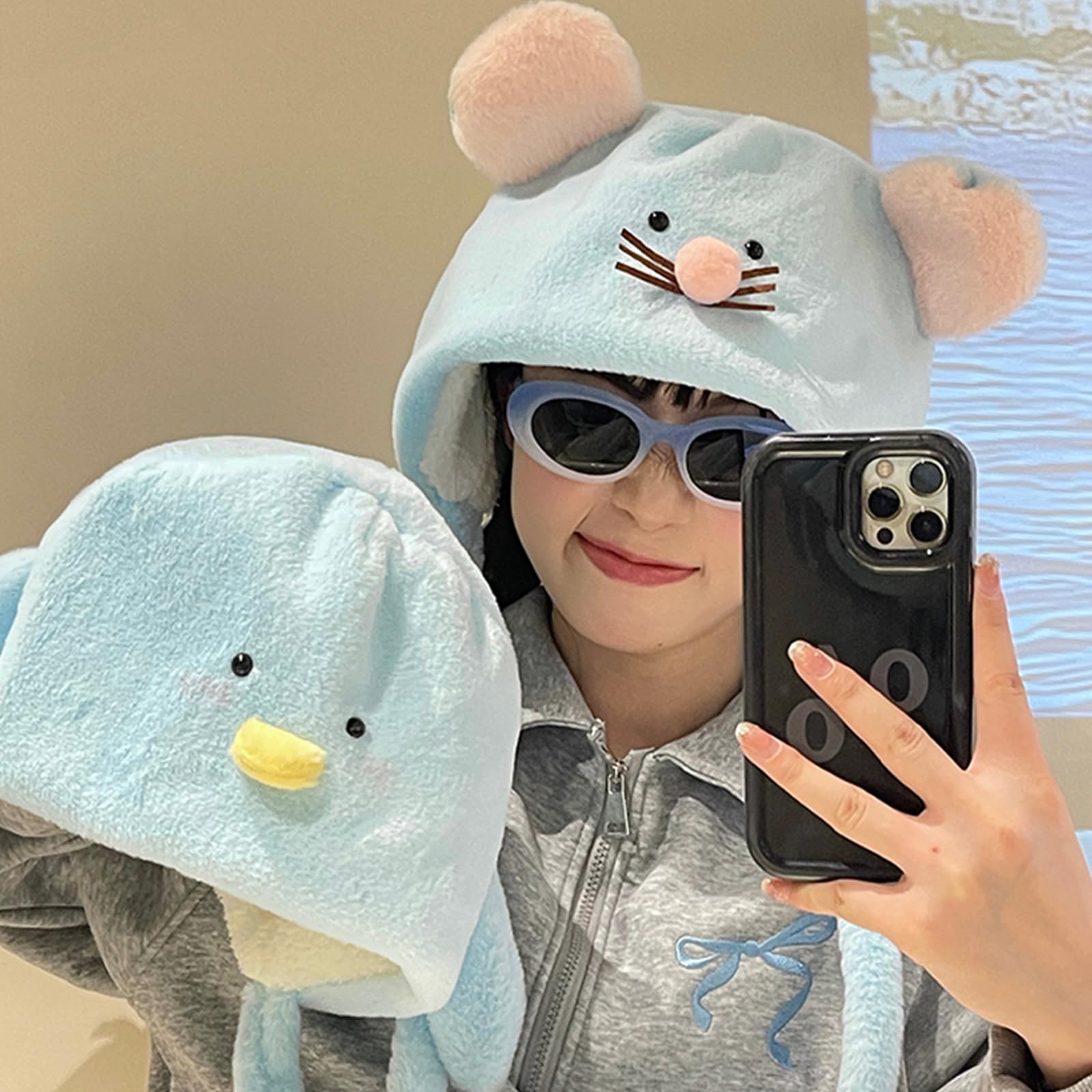 Furry Cartoon Head Covering with Pompoms for Outdoor Sports Furry Hat with Ear Oversized Headgear Hat for Winter, B, M