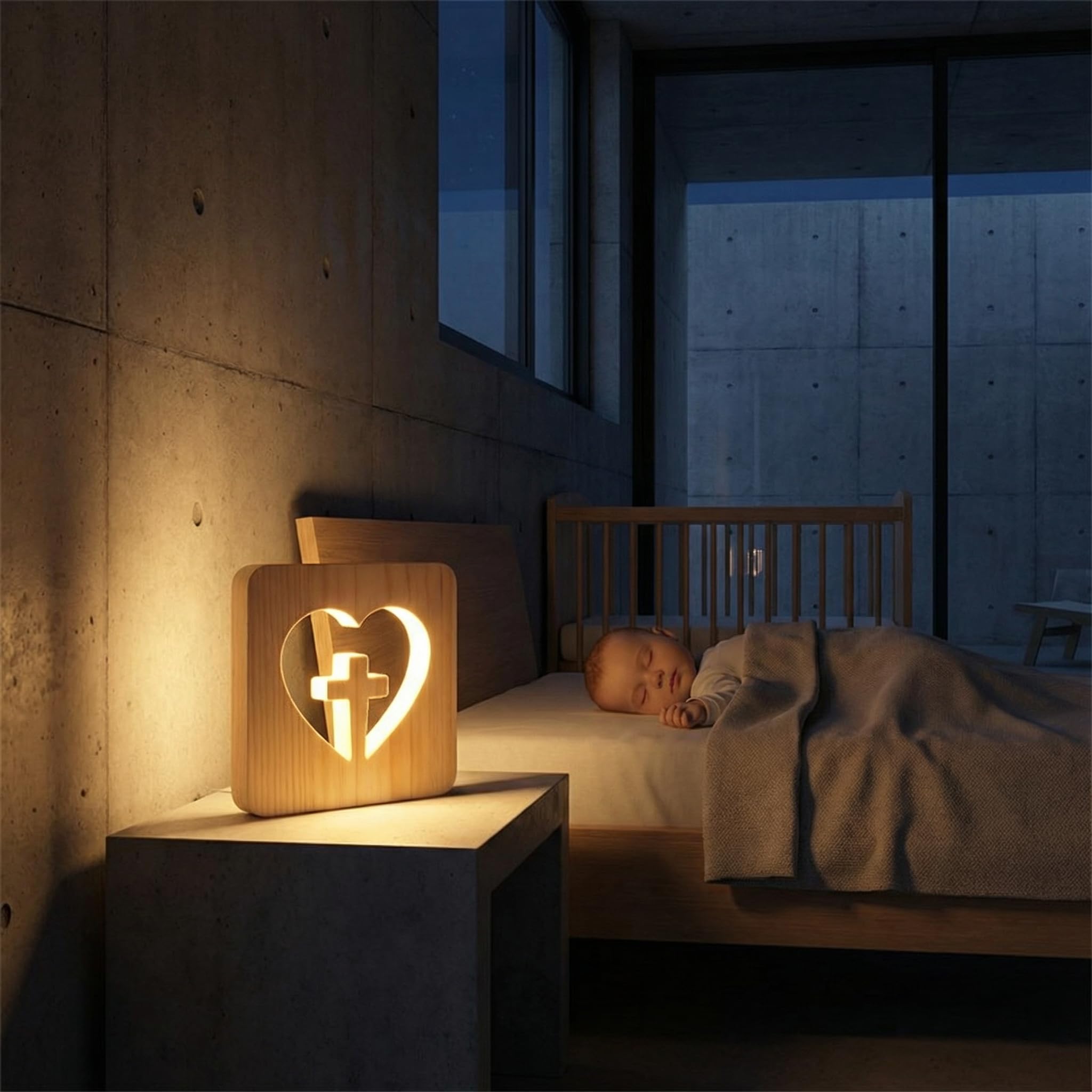 Lámpara de Mesa Cruz Madera – Luz de Noche Infantil Quitamiedos LED Cálida – Lámpara Cubo Cuadrada Decoración Religiosa Moderna – Regalo Original Primera Comunión Niña y Niño, Bautizo y Bebé