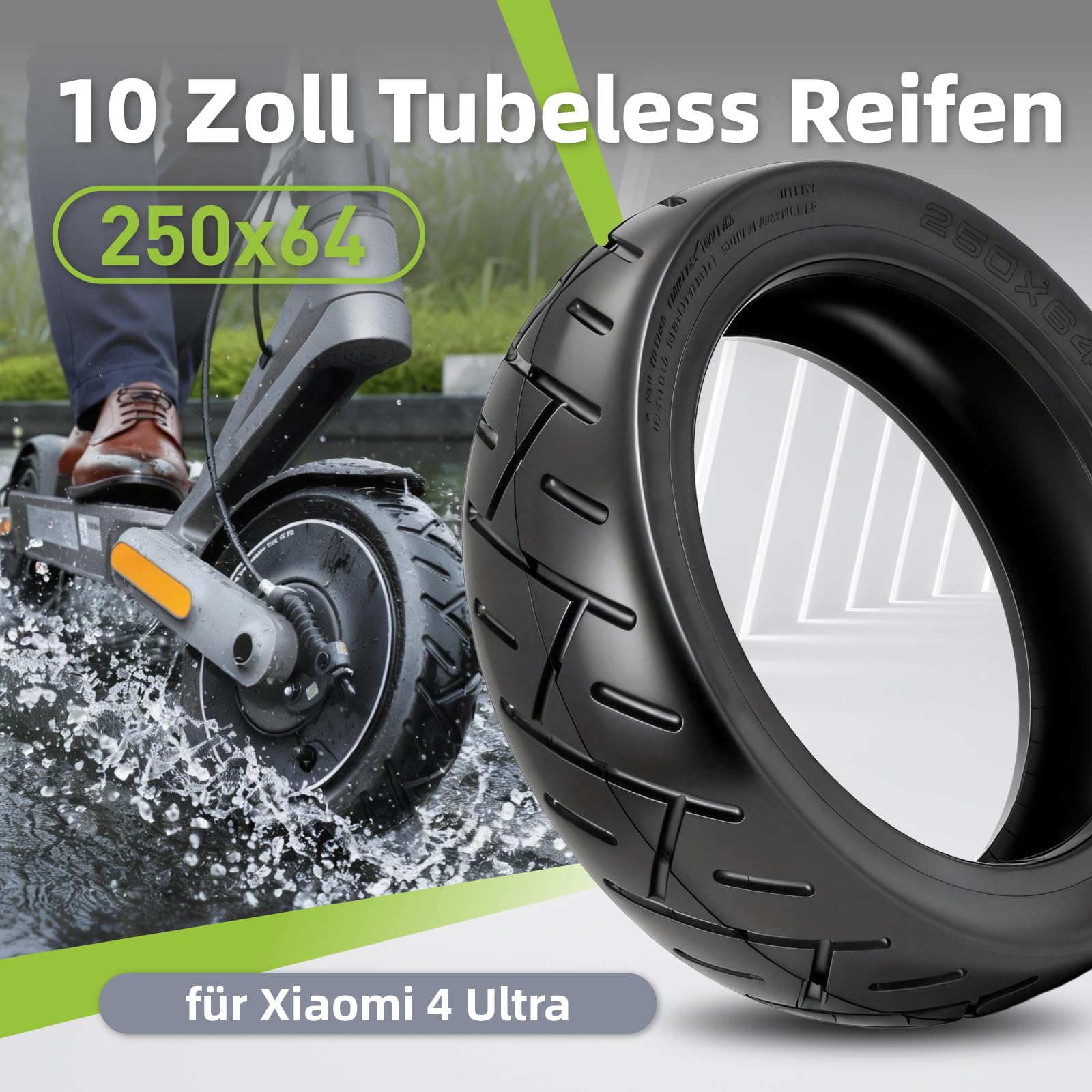250 x 64 Tubeless Reifen für Xiaomi 4 Ultra Elektroroller 10 Zoll Ersatzreifen Schlauchlose Vakuum Reifen Vorne/Hinten, mit Luftdüse (Tubeless*2)