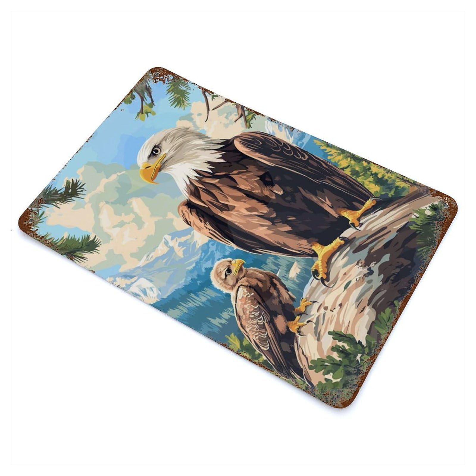 Bald Eagle And Chick Decorative Tin Sign 11.8"x7.9", Retro Wall Decor for Basement, Hobby Room And Garage Decor