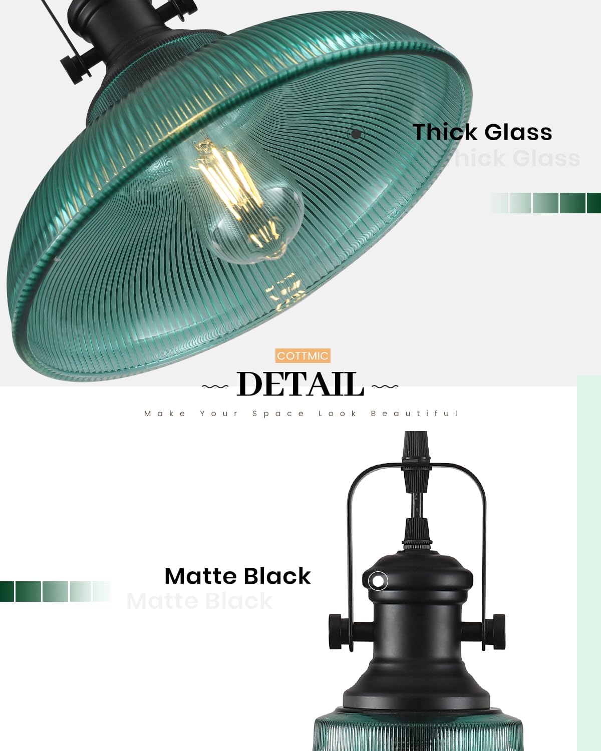 Green Glass Pendant Lights Kitchen Island, 12in, Ribbed Glass Kitchen Pendant Lights Fixture, Farmhouse Pendant Lighting for Dining Room Bedroom Bar Sink, 2 Pack