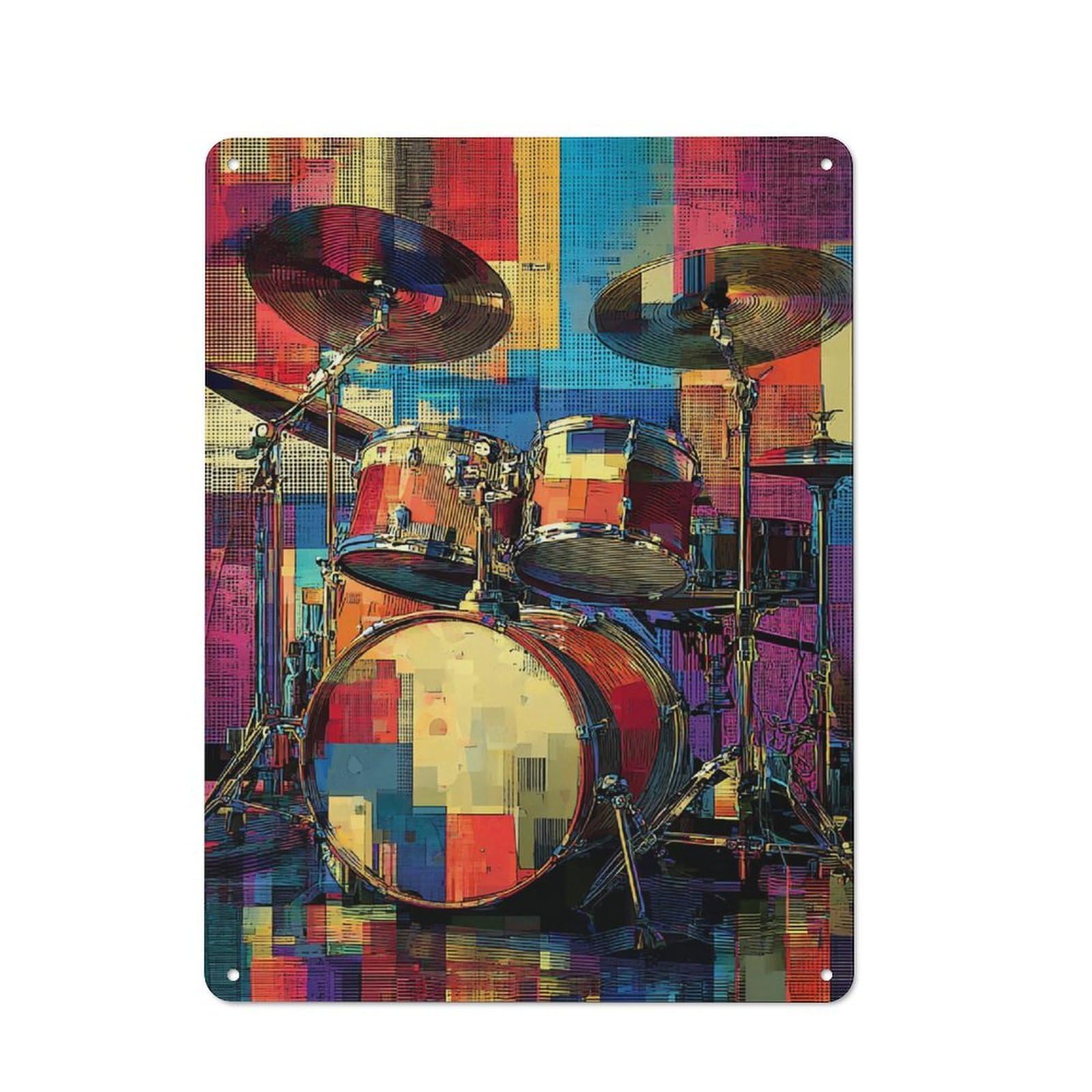 Junmoney Vibrant Drum Set Artwork -1 Understated Decorative Metal Sign 40X30cm Featuring Study Room Decor For Workspace, Cafe, Shop Or Desk Area