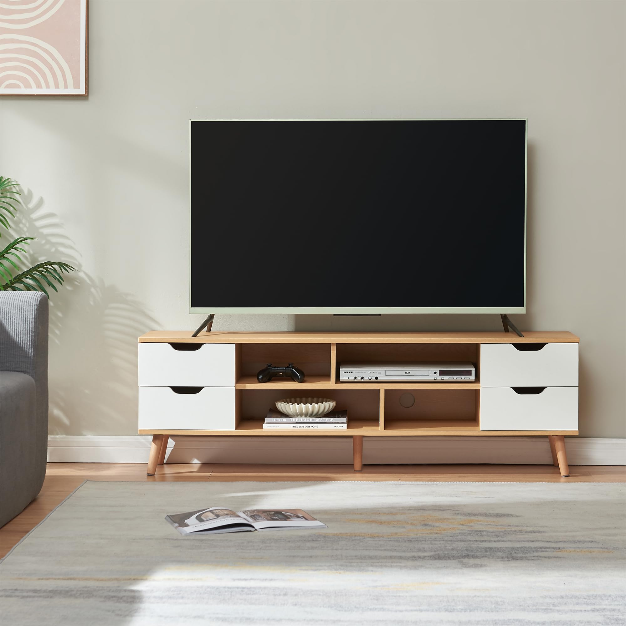 [en.casa] Mobile Porta TV con 4 Cassetti e Scomparti Vani Portaoggetti Stand Multimediale Mobile Contenitore per Soggiorno Camera da Letto Studio 140 x 30 x 45 cm - Effetto Rovere/Bianco