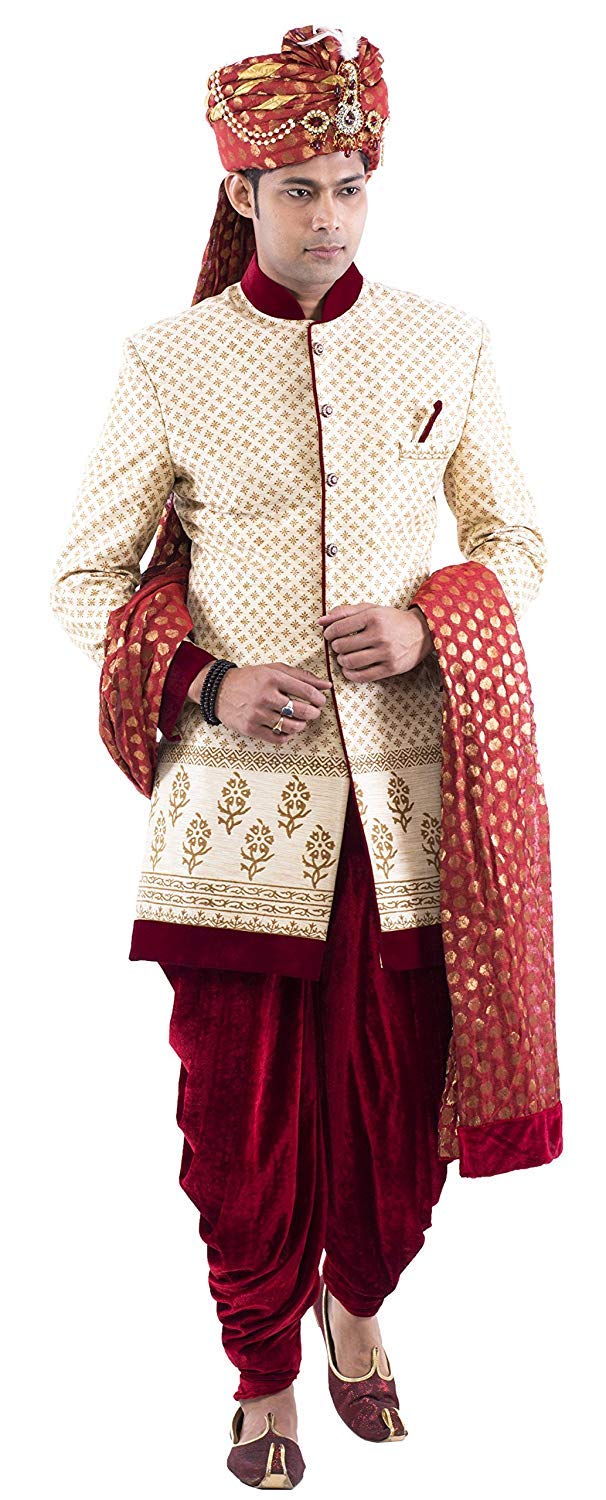 Men's B/Prient Cotton Silk Indowestern With Maroon Heram-image-29