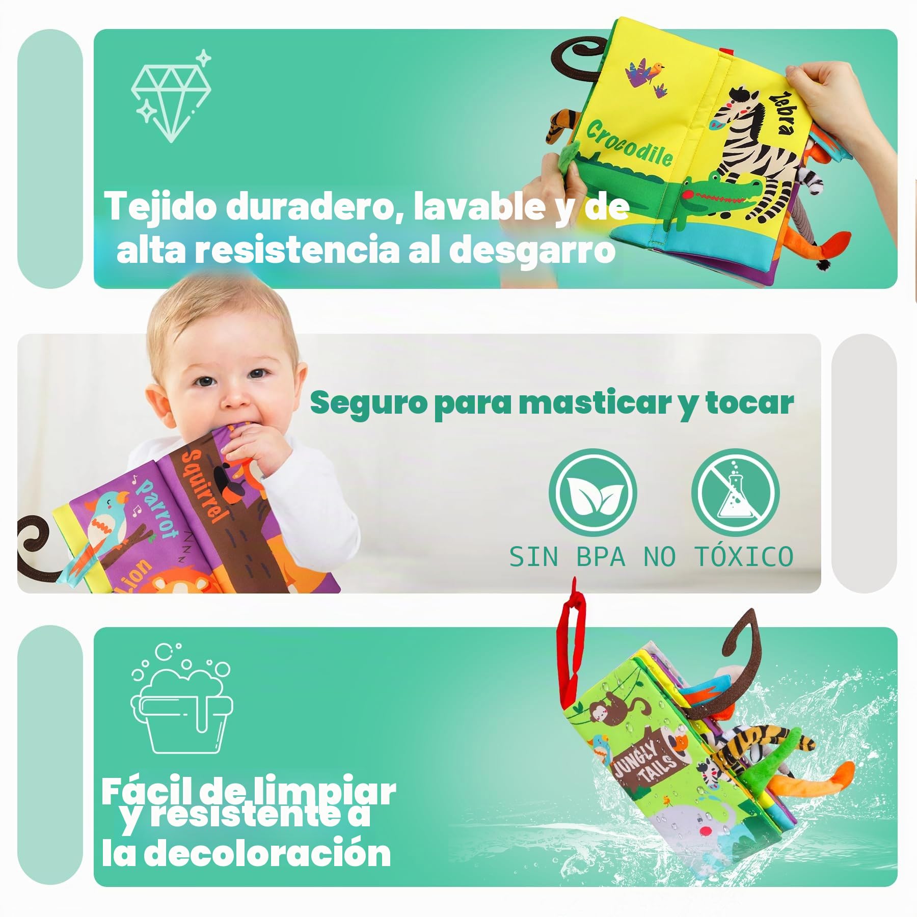 beiens Libros de Tela para Bebes, Libro Interactivo Blandos para Bebe Recien Nacido Niños, Libro de Juguetes Aprendizaje y Educativo, Animales Libro Sensorial Suave de Actividades para Bebé