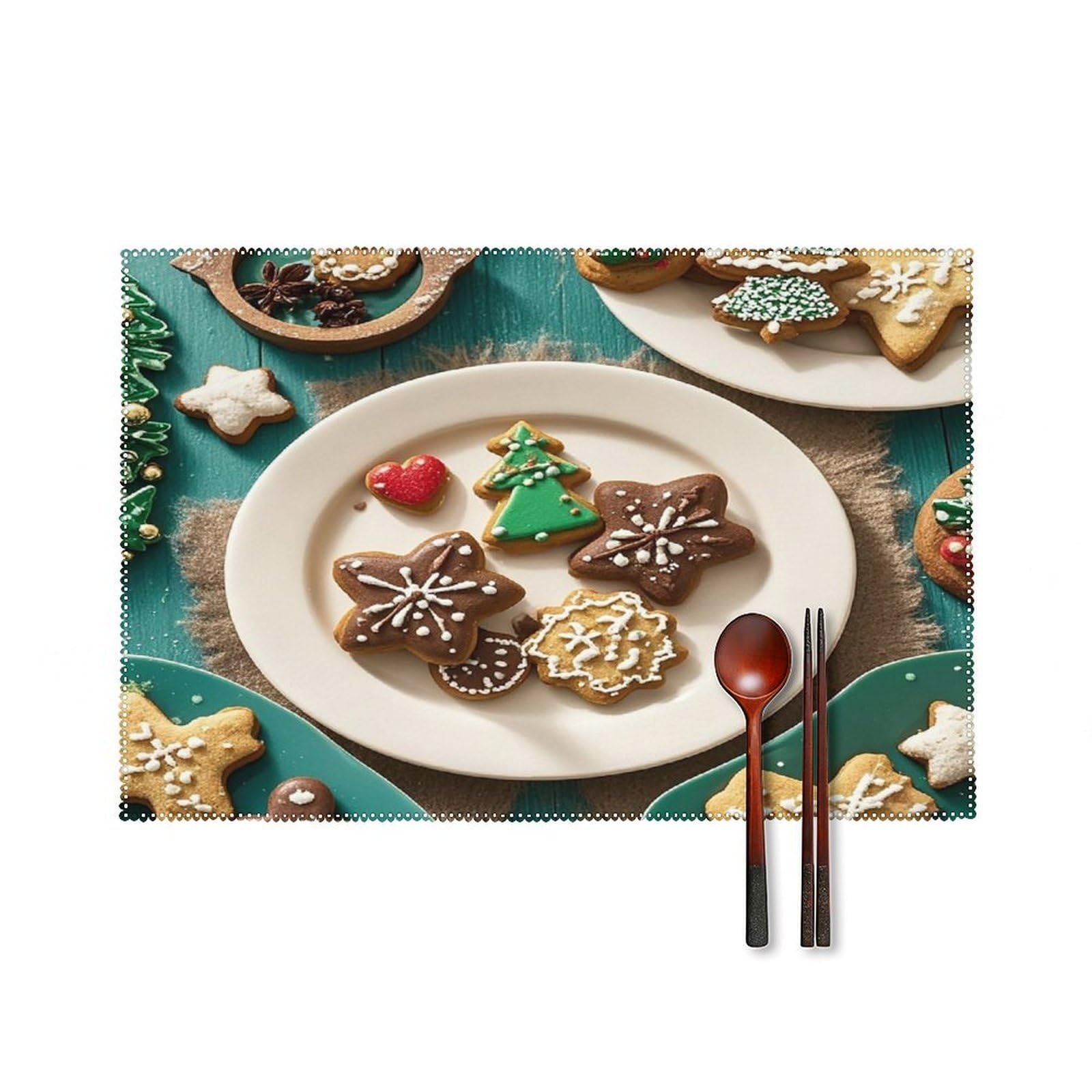 Christmas Cookies Placemats Set of 6 Heat-Resistant Washable Place Mats Wipeable Kitchen Placemat Easy to Clean for Indoor Outdoor Party Kitchen Decoration