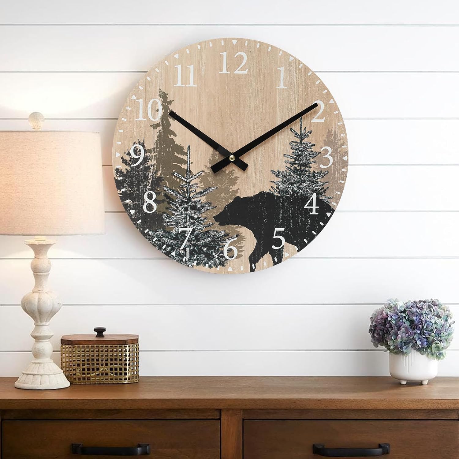 SwallowLiving Cabin Bear Wall Clock 12 Inch Silent Non Ticking Clock Wooden Forest Wildlife Mountain Lodge Clock Battery Operated Rustic Farmhouse Wall Clock