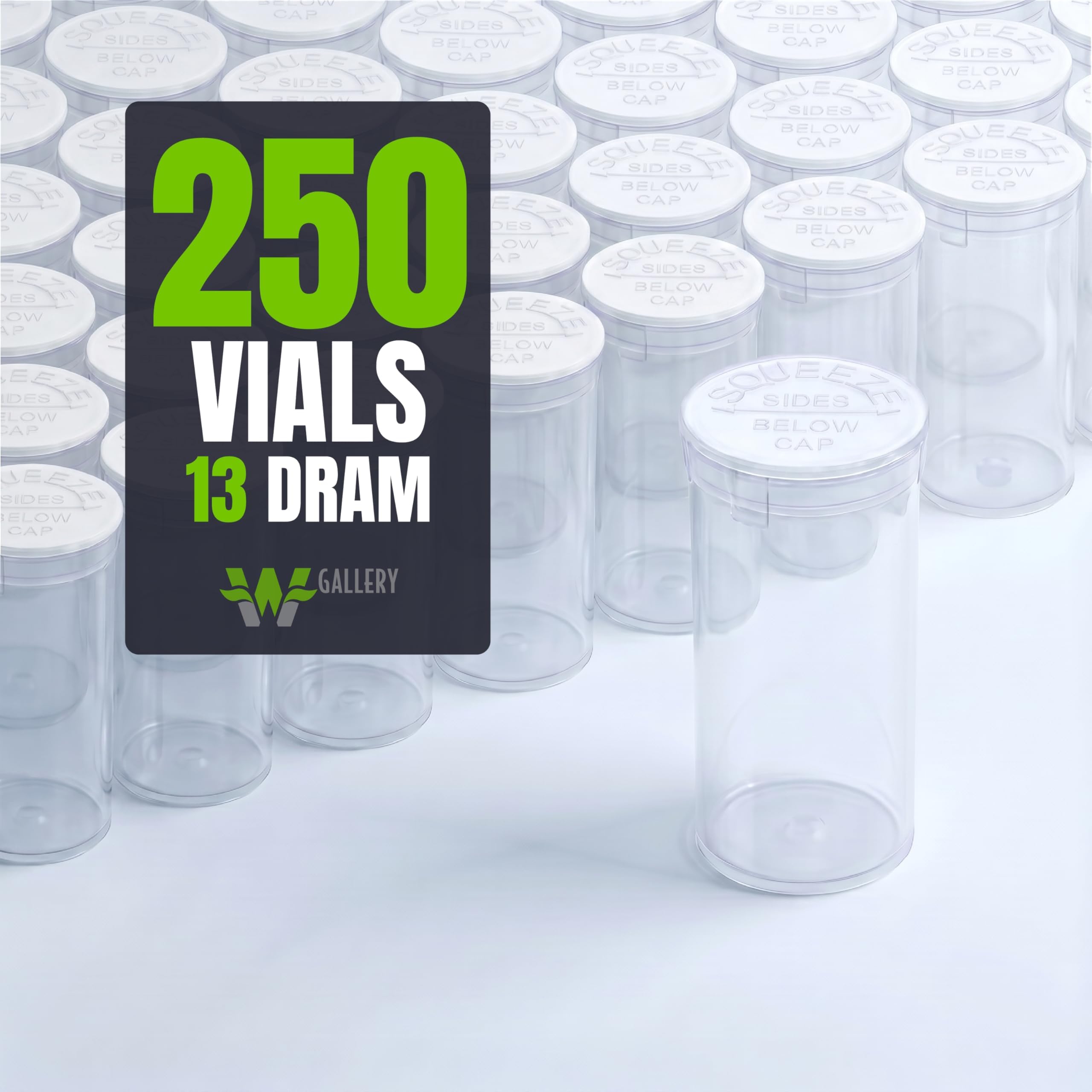 W Gallery 250 Clear 13 Dram Pop Top - Airtight Smell Proof Vials - Plastic Medical Grade Prescription Bottles for Pills Herbs Flowers Supplements, Bulk Pack, Not Glass Jars