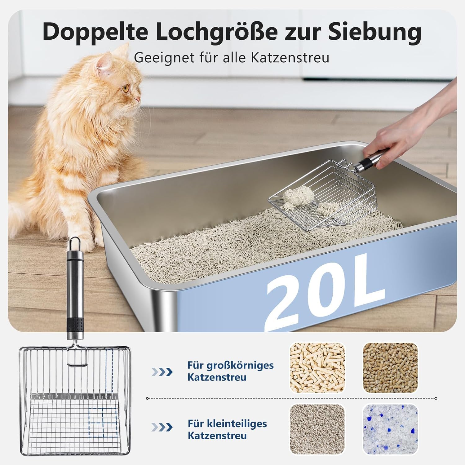 FURTIME XXL kuweta dla kota ze stali nierdzewnej, 30 l, duża szufelka dla kota ze stali nierdzewnej, matowa, podwójna warstwa, szczelna, XXL, 58 x 37 x 28,5 cm