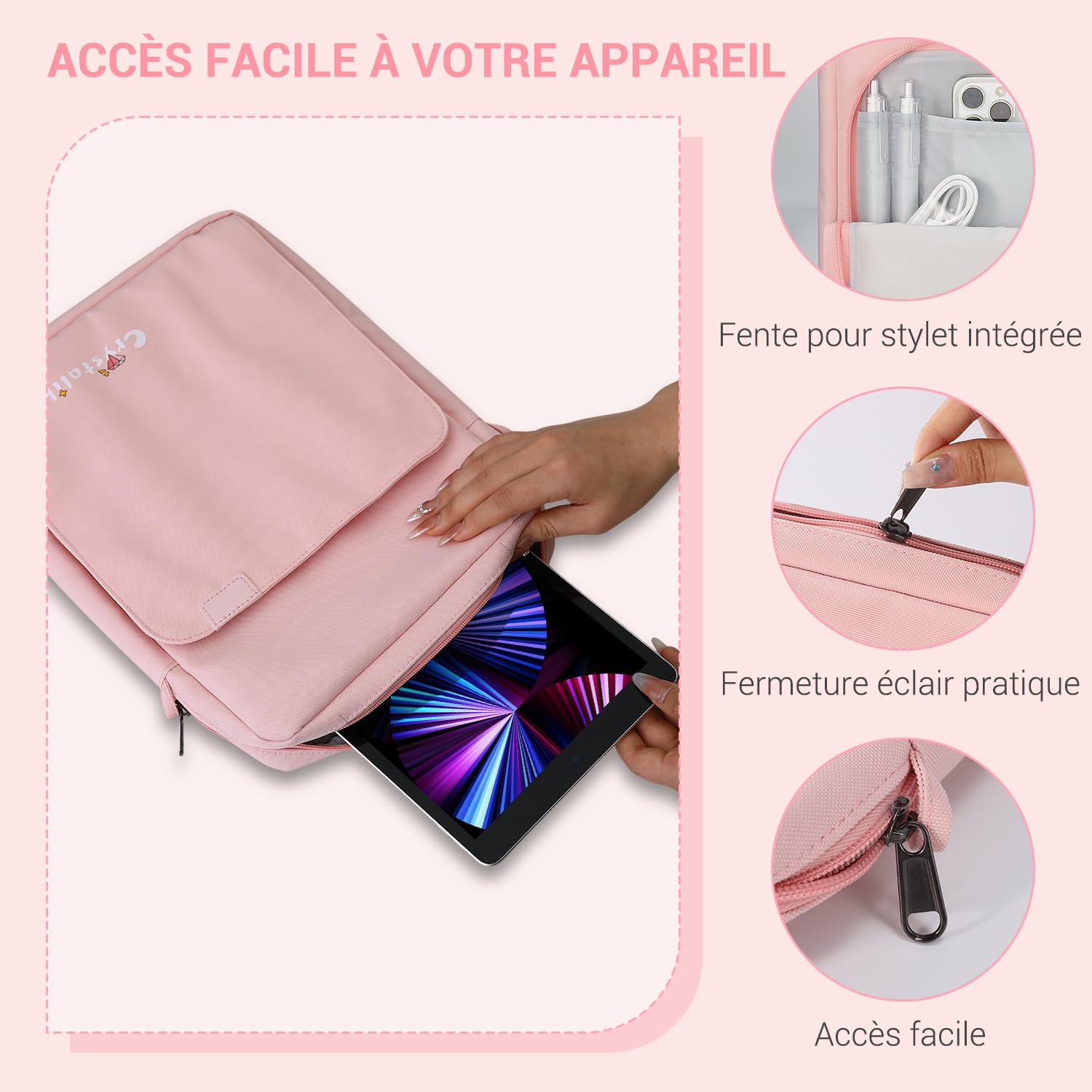 Housse Proctive avec bandoulière pour tablette de 13" – Compatible avec iPad Pro 11", 10e et 10,9", iPad 9/8/7e génération, Tab S8/S9 11" (rose)