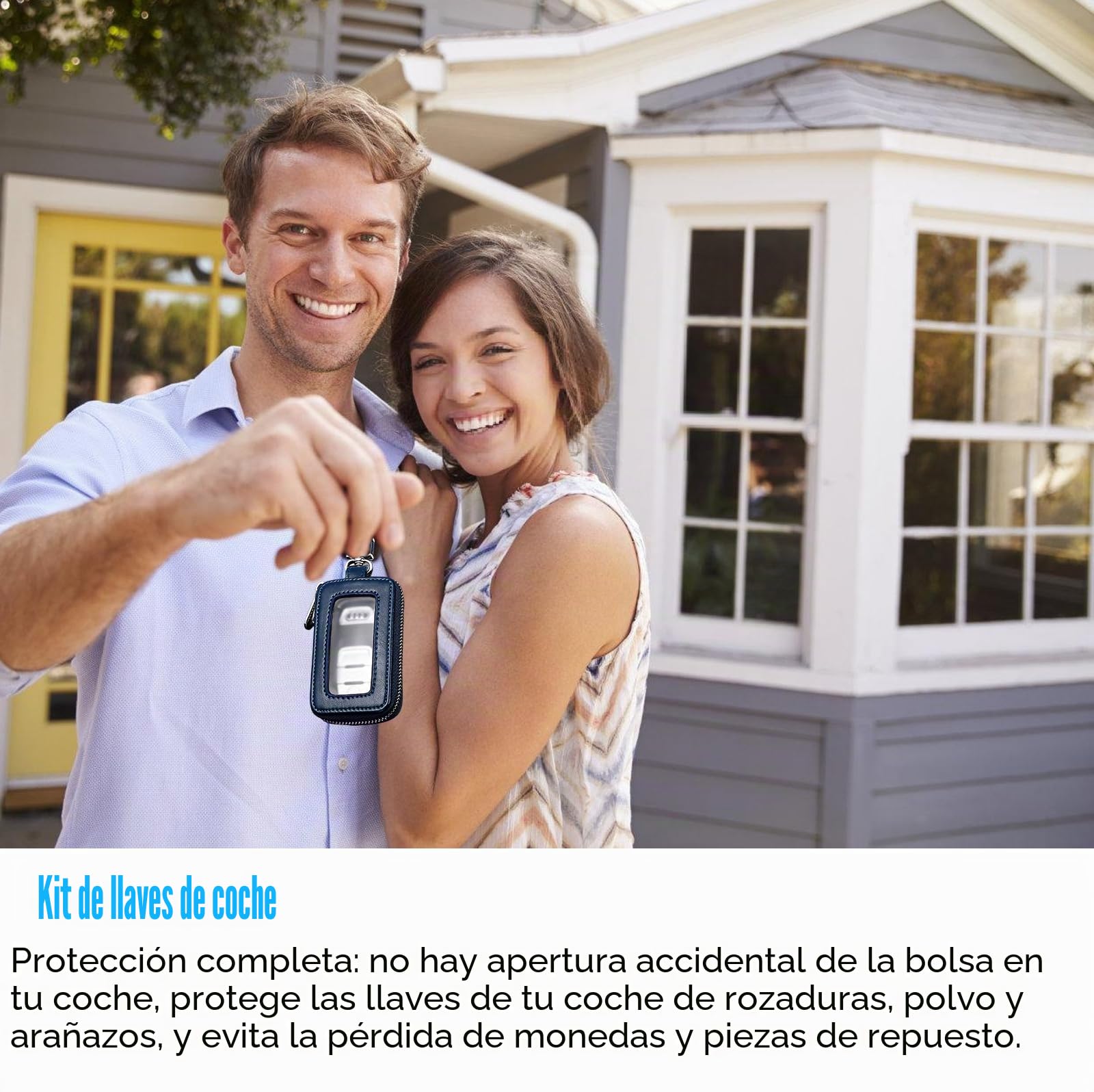HOMURY 2 llaveros de coche: estuche llavero vintage de piel con cremallera y mosquetón, protección llavero, bolsa llavero universal (negro, azul real)