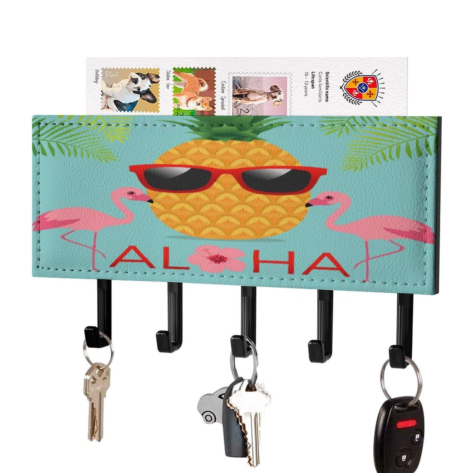 NCLQVJXZKHW Aloha Pineapple and Flamingo Key Holder with 5 Hooks Key Hooks Wall Mounted Key Racks Key Hanger Organiser Shelf