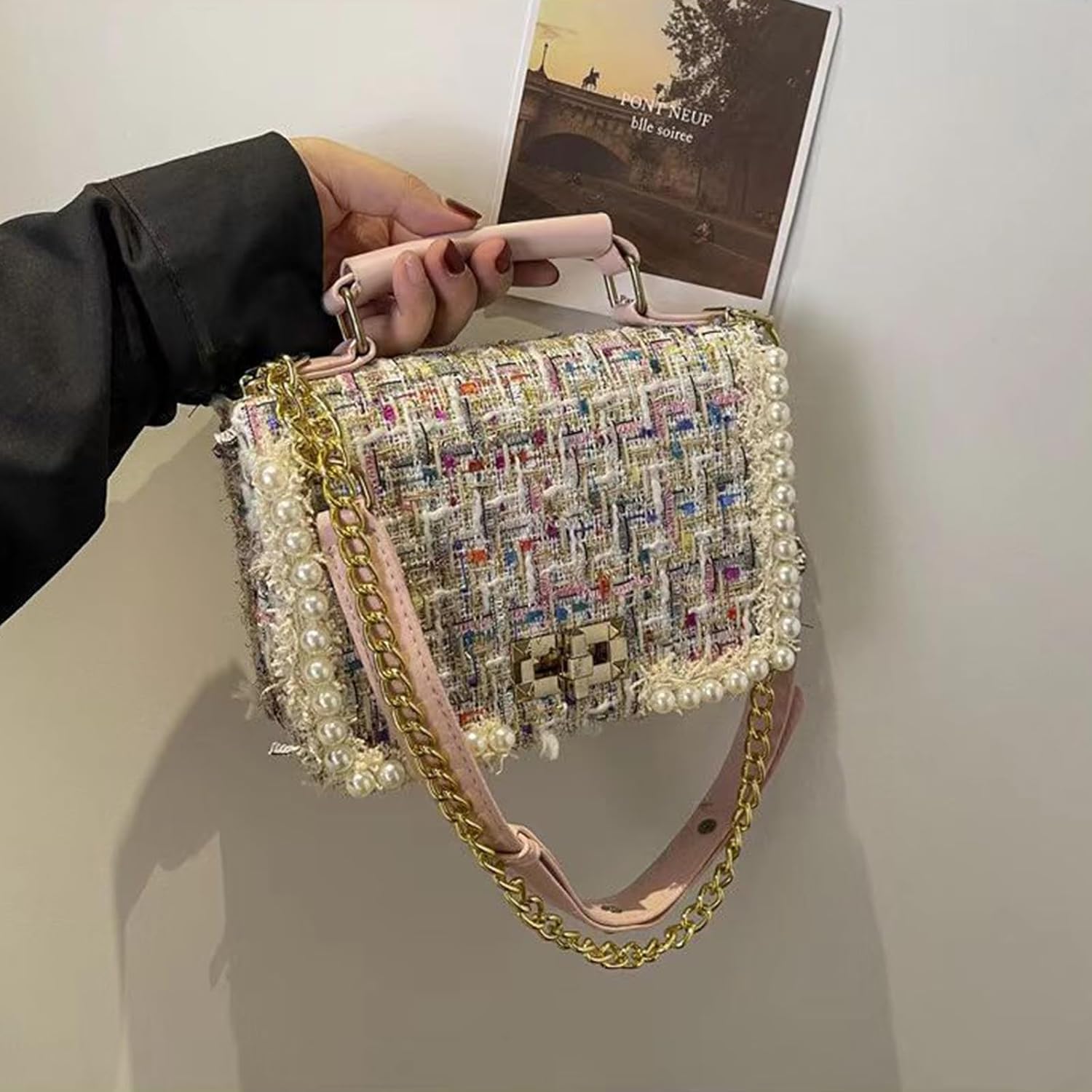 Designer Chain Shoulder Purse for Women Trendy Ladies Quilted Crossbody Bag Clucth Handbags Evening Bag Tweed Purses