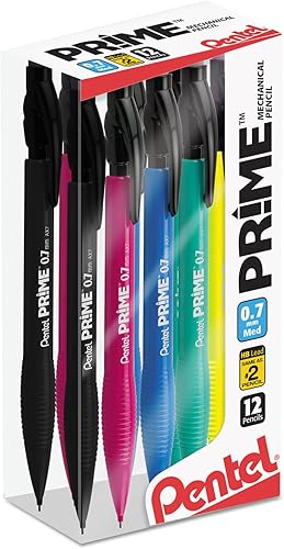 Pentel Prime - Portaminas de 0.028 in, caja transparente de 12 barriles surtidos (AX7PC12M), color negro