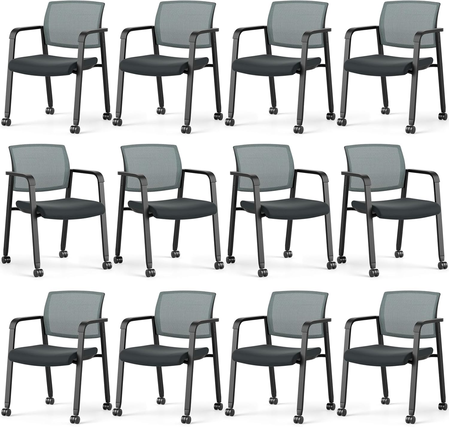 Tangkula Rolling Conference Room Chairs Set of 12, Stackable Office Guest Mesh Chairs with Armrests and Wheels, Ideal for Waiting Room Office, School, Lobby (Grey)