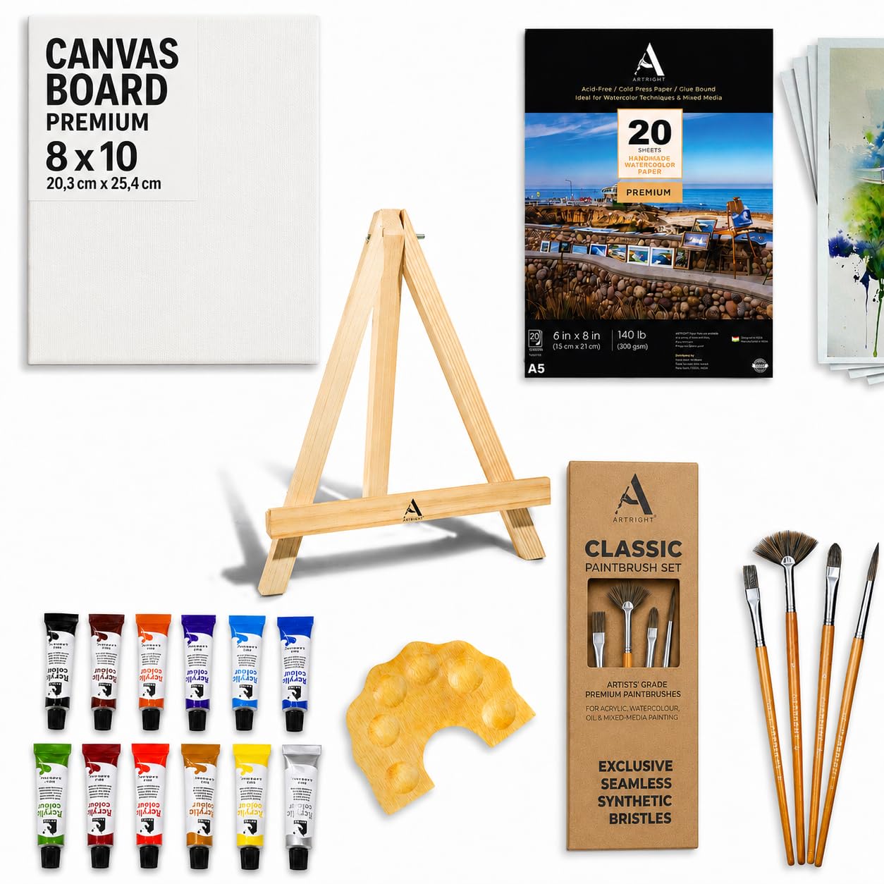 ArtRight 39 Pcs Painting Kit for Beginners & Kids with 4 Paint Brushes - Mini Wooden Easel with Canvas - 20 A5 Watercolor Papers - Mini Painting Palette - Artists Color Set of 12