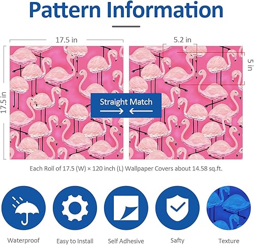 Miniatura 7 de Papel tapiz de flamenco rosa para despegar y pegar, papel tapiz de animales rosa de 17.5 x 120 pulgadas, papel de pared autoadhesivo para despegar y