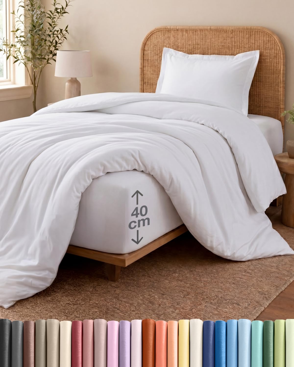 3 Piece Single Bed White Duvet Cover Set - Duvet Cover & Fitted Sheet, 1 Pillowcase - 135x200cm + 90x190cm 40cm / 16" - Brushed Microfibre - Soft, Wrinkle & Fade Resistant - OEKO-TEX Certified