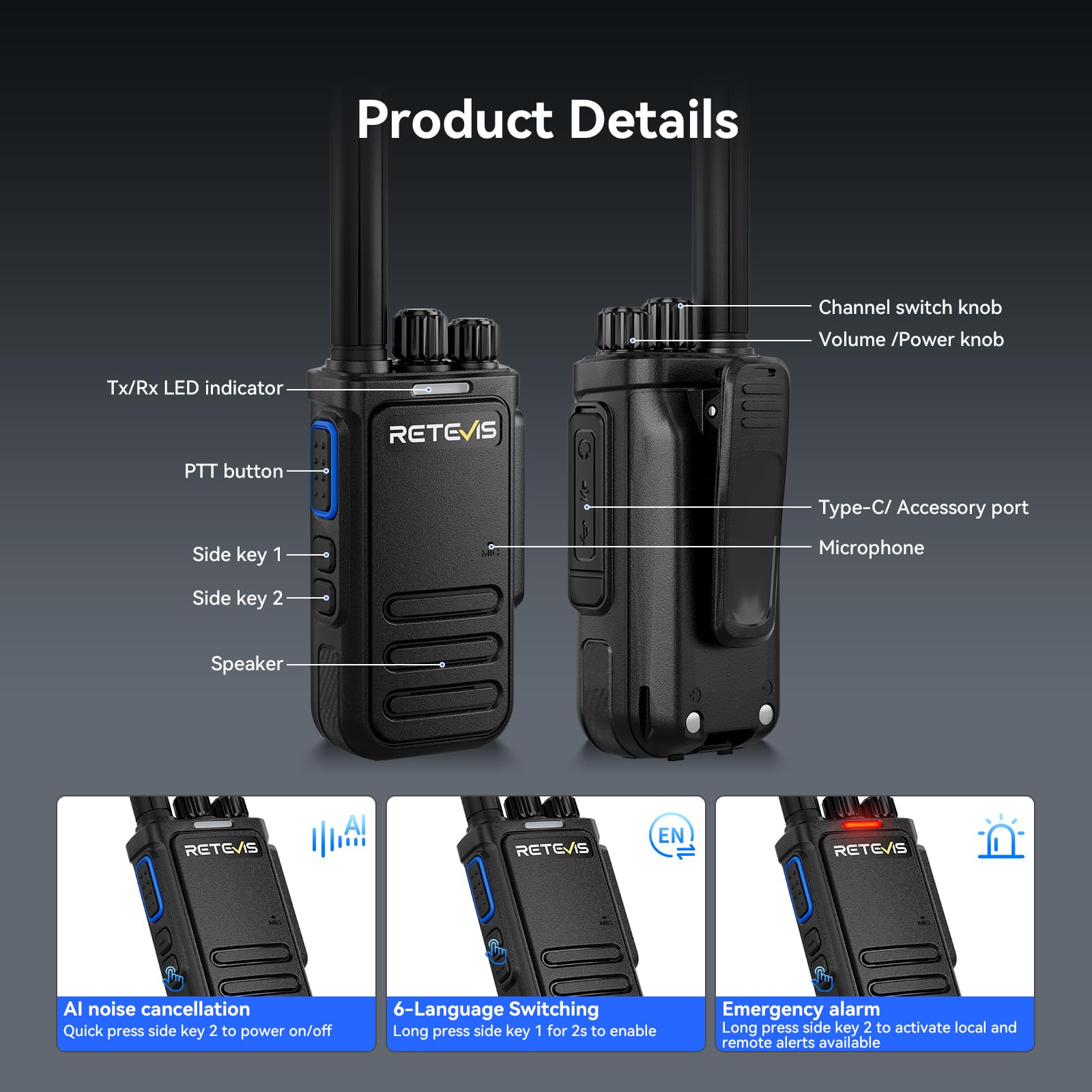 Retevis B64 Walkie-Talkie Bidireccional con Auricular, Insonorizado con IA, PMR446, Fácil de Usar y Resistente al Desgaste, Ideal para Reparación de Automóviles(Negro, 10 Unidades)