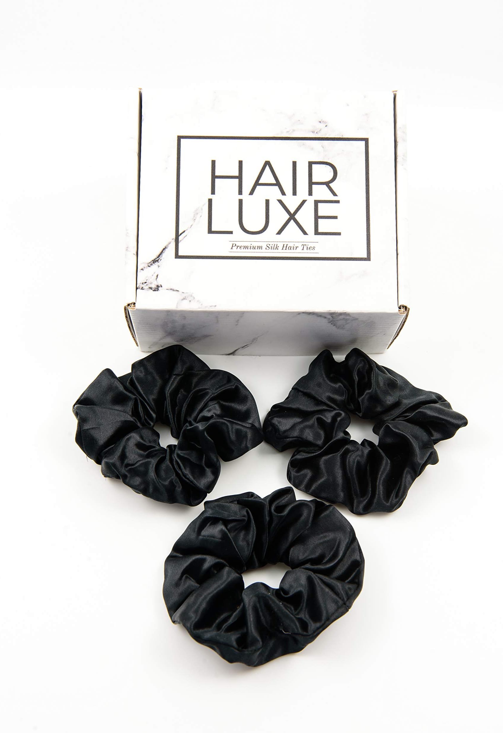 Hair Luxe Premium Mulberry Silk Scrunchies (3 Black, 3)