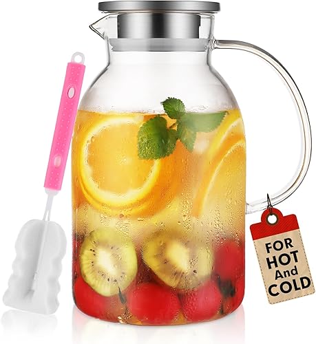 Glass Pitcher, 75 Ounces Glass Pitcher with Lid, Fridge Door Water Pitcher with Free Brush, Heat Resistant Glass Water pitcher with Spout, Iced Tea