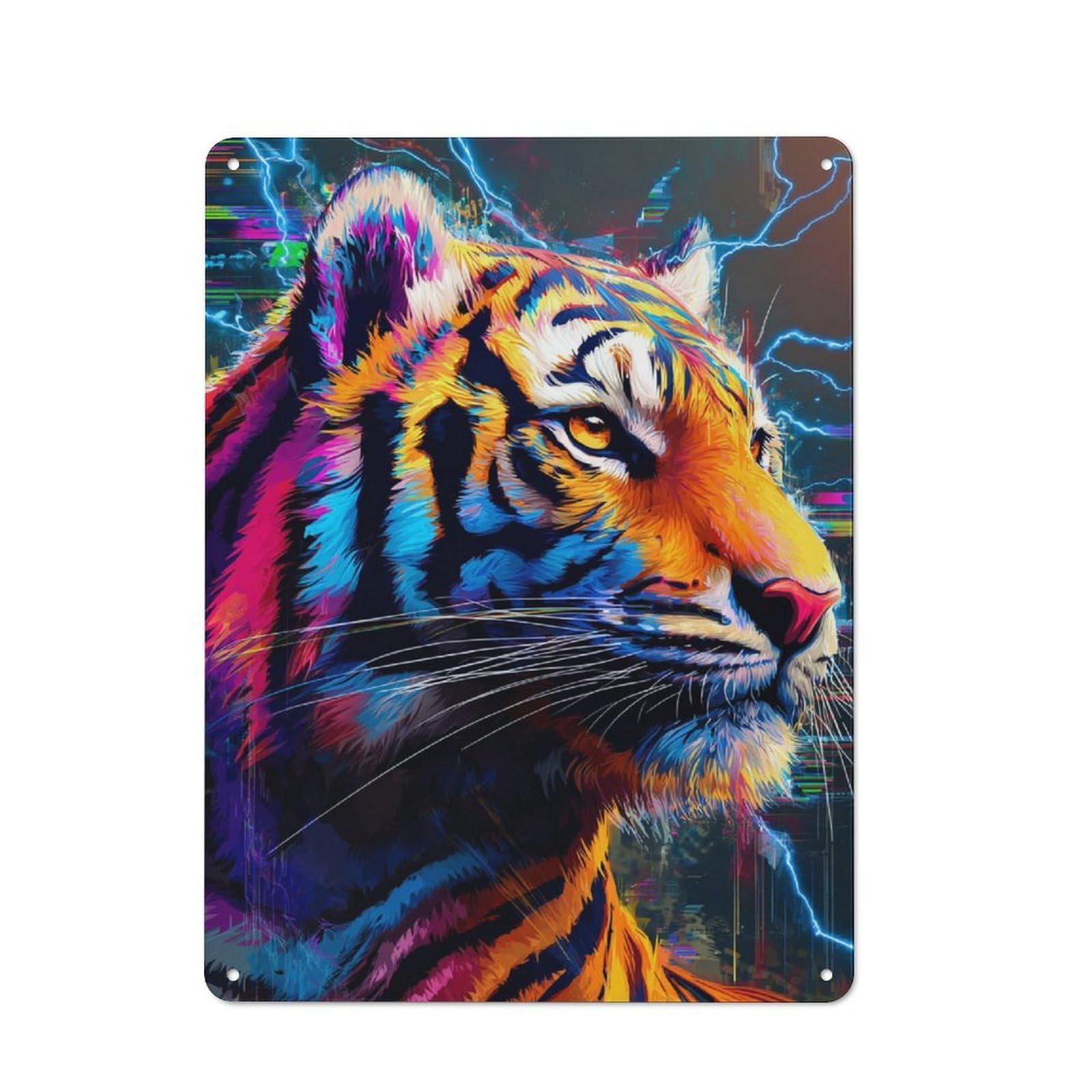 Junmoney Colorful Tiger Portrait With Lightning Tin Wall Plaque 40X30cm With For Café Or Restaurant, Suited To Restaurant Decor Fans