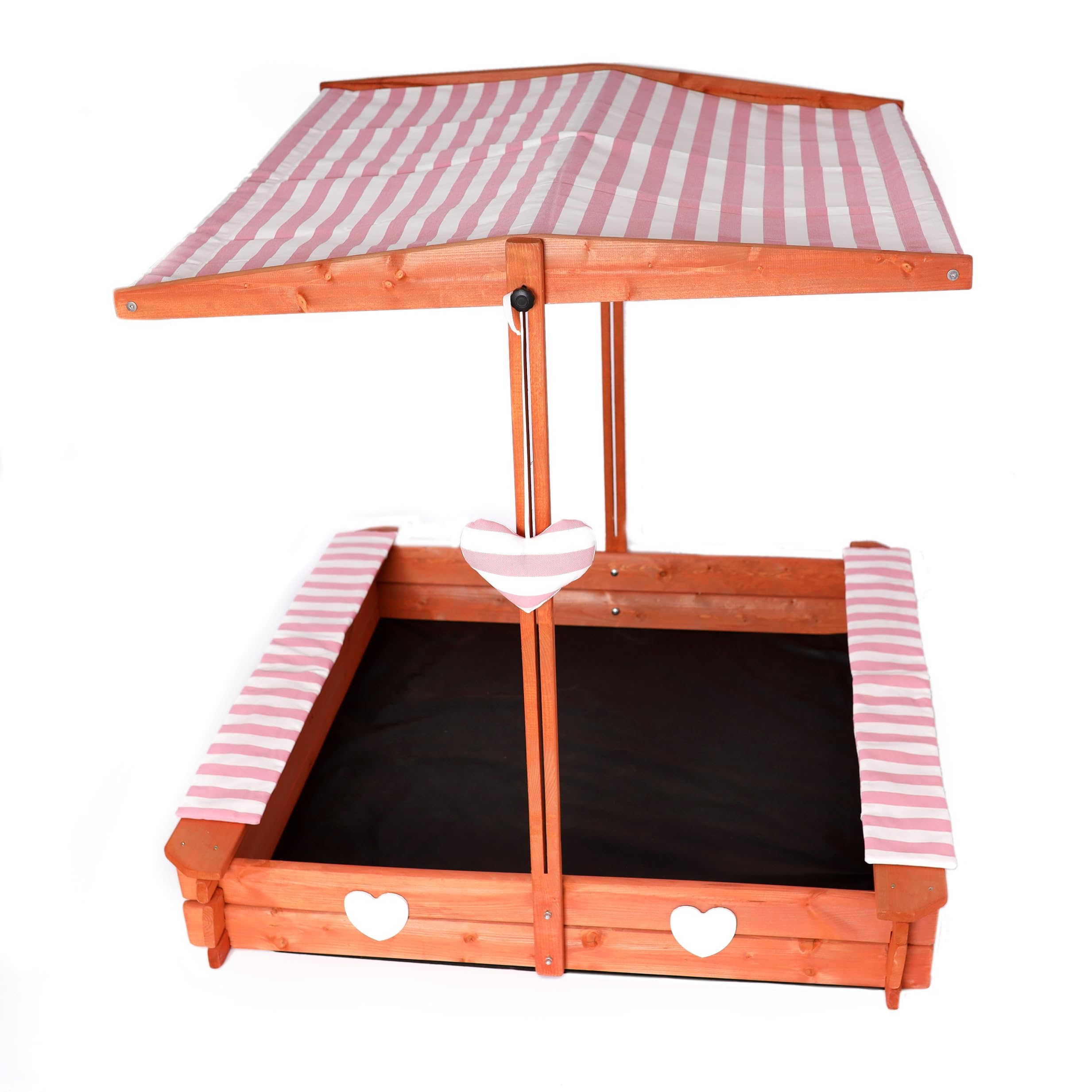 Sandkasten mit wasserdichtem Dach 120x120x120cm Naturholz Fichtenholz UV-Schutz + weiche Sitzkissen, Kantenschutz Vliesboden Sandspielzeug für Kinder (Rosa)