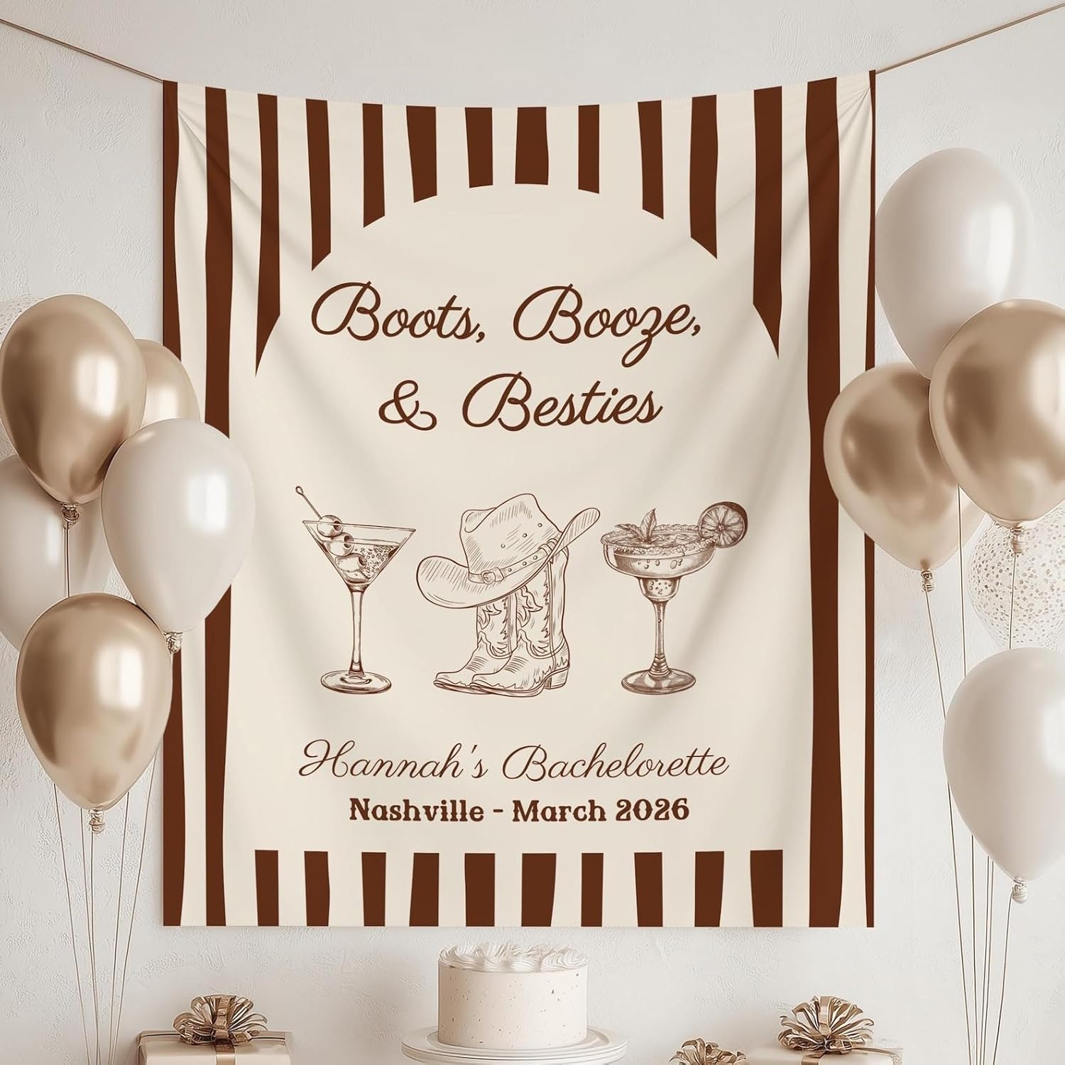 Personalized Boots Booze Besties Bachelorette Party Banner Sign Custom Cowgirl Theme Decor for Nashville Western Bride Bash Last Rodeo Rustic Bridal Shower Celebration Decoration Outdoor Indoor