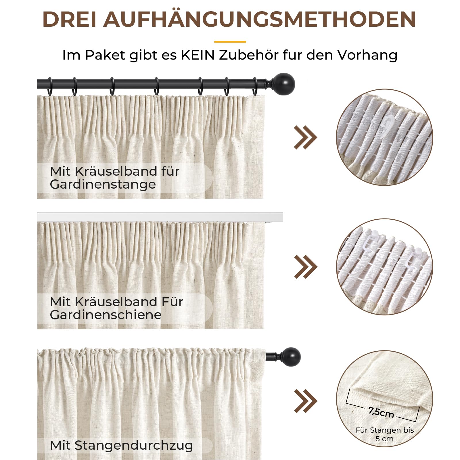 INOVADAY Gardinen mit Kräuselband Wohnzimmer 2er Set 260x140cm, Natur | Vorhang Halbtransparent Leinenoptik, Gardinen für Schienensystem Schlafzimmer, Vorhänge für Kräuselband, Lichtfilterung