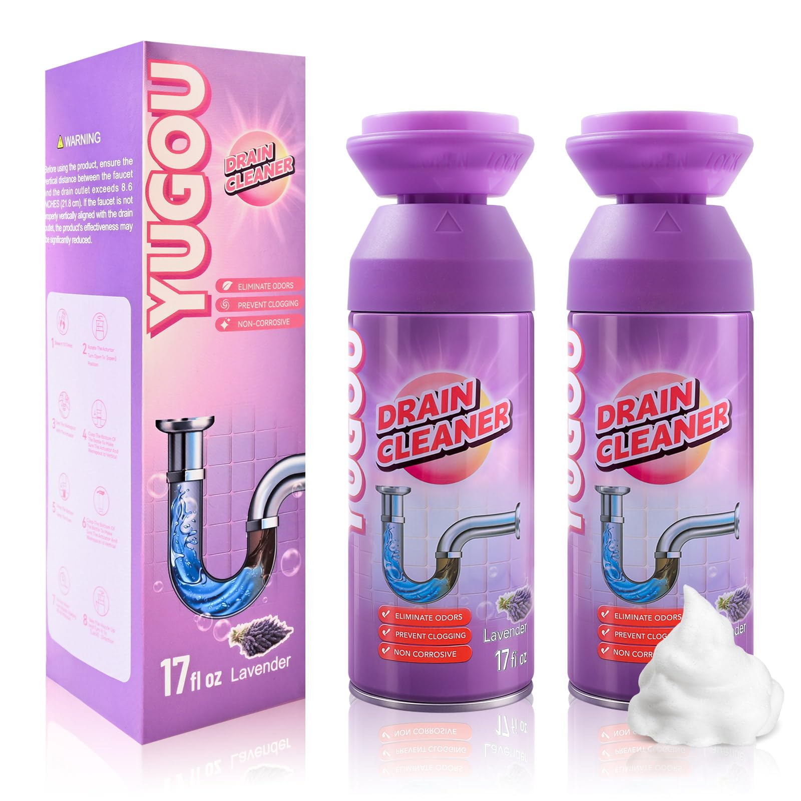 Foaming Drain Cleaner Sink Drain Cleaner and Deodorizer for Kitchen Sinks Shower Drains Tubs Lavender 2pcs