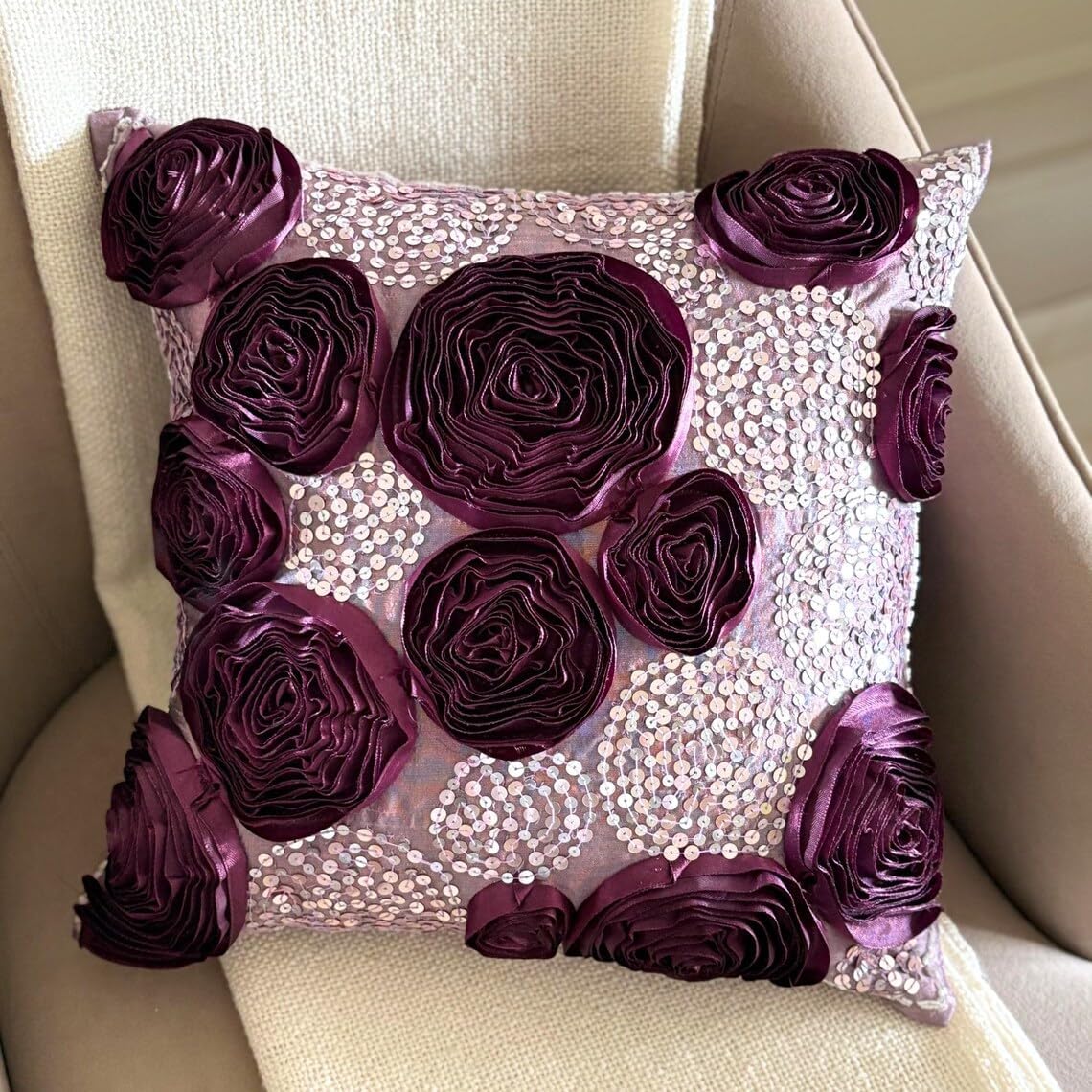 The HomeCentric Euro Pillow Sham, Vine Euro Pillow Shams 26x26 inch (65x65 cm) Silk European Sham Covers, Nature & Floral, Ribbon Embroidery, Sequins Embellished, Modern European - Wine and Roses