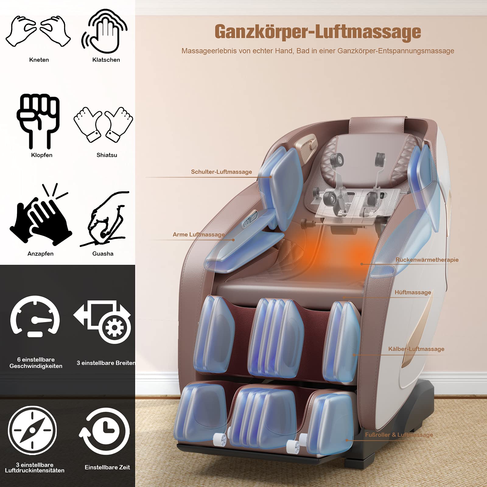 COSTWAY Elektryczny fotel do masażu Shiatsu na całe ciało, fotel do masażu Zero Gravity z masażem śladami SL, 32 poduszki pneumatyczne, ogrzewanie, fotel relaksacyjny regulowany, 12 programów (Beżowy