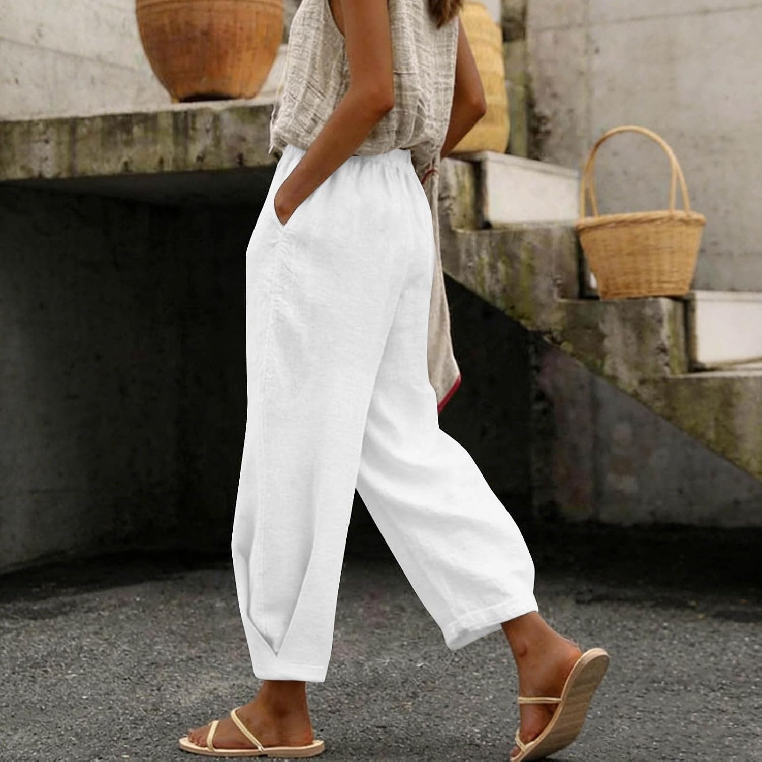 Boho Wide Leg Linen Pants for Women Drawstring Waist Summer Casual Pleated Loose Fit Beach Vacation Long Trousers