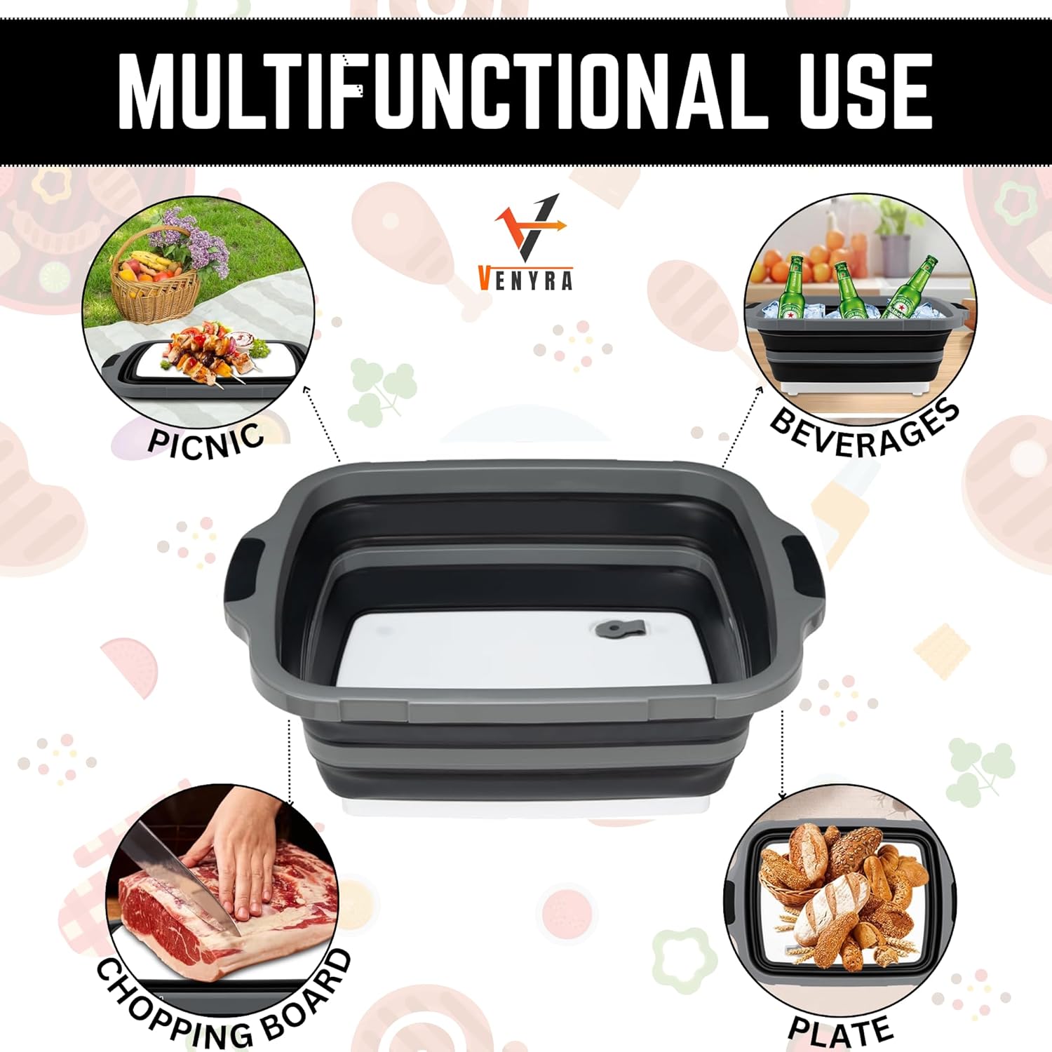 BBQ Prep Tub with Locking Lid, 2 Meat Shredder Claws Collapsible Cutting Board with 3 Adjustable Heights. BBQ Prep tub & Resting Bag, Multifunction Basin for Kitchen, Grilling, Camping & Picnics.