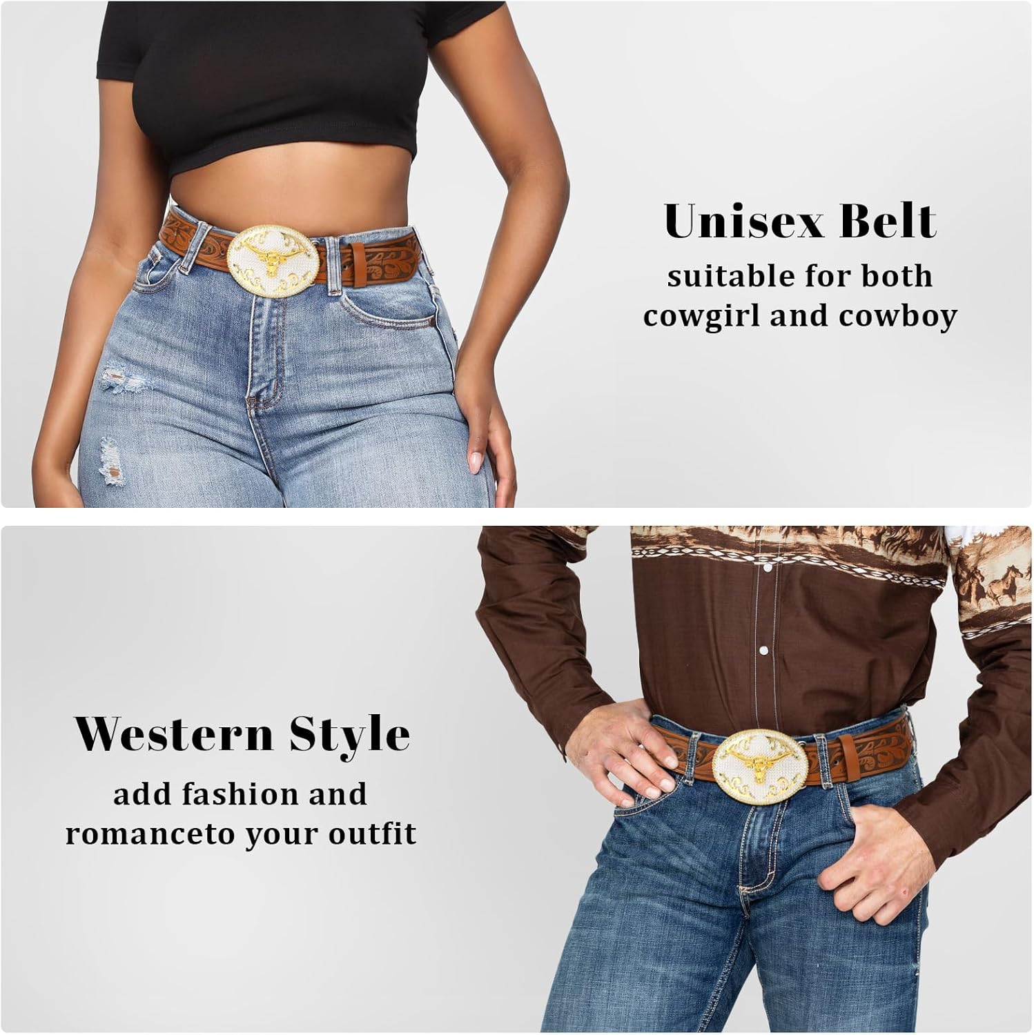 SANSTHS Cowboy Belts for Men Women, Western Leather Belt with Big Buckles Mexican Country Black Longhorn Bull Belt for Jeans - Image 4
