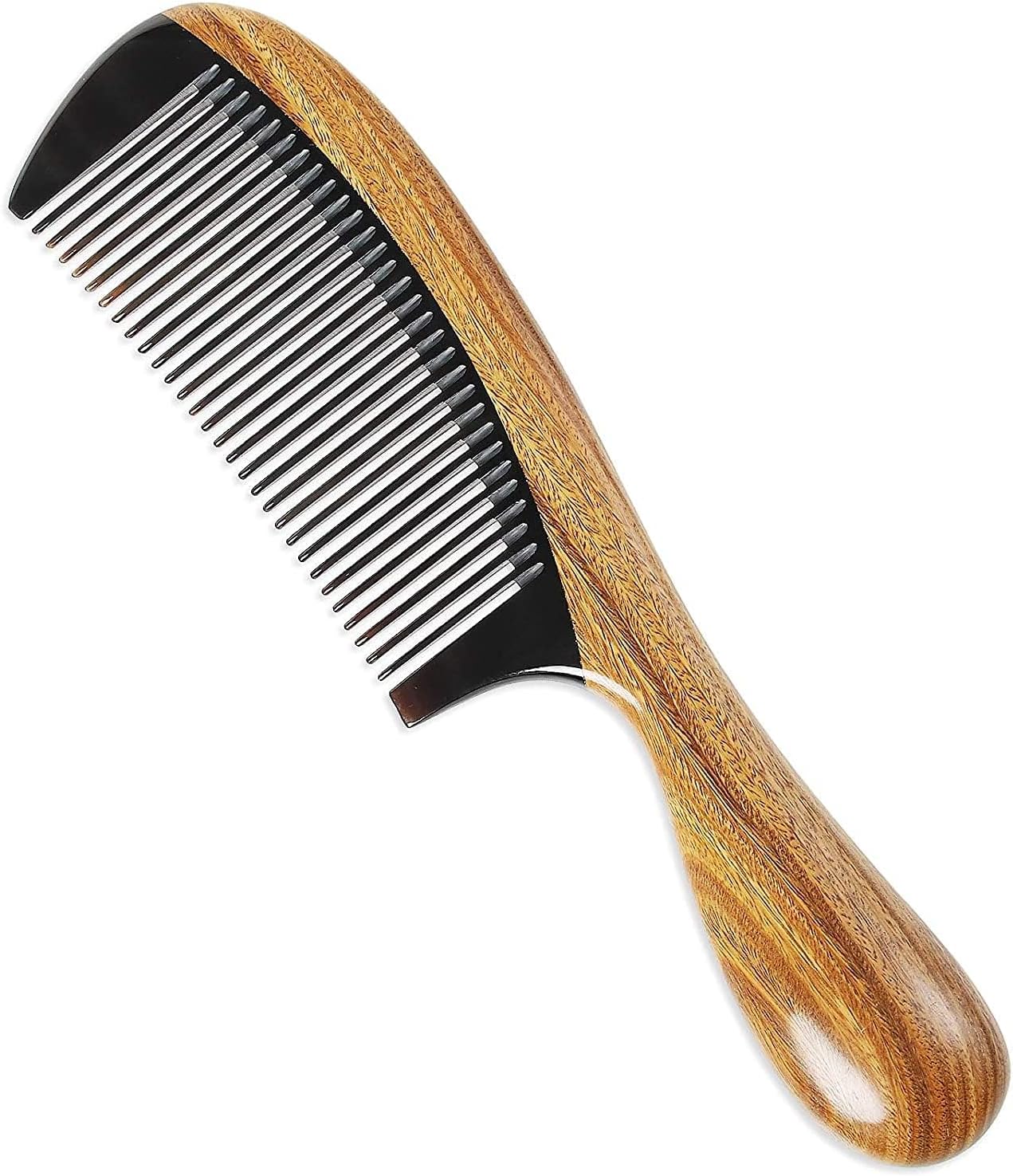 Onedor Extra Length Handmade 100% Natural Green Sandalwood With Buffalo Horn Fine Tooth Hair Combs - Anti-Static Sandalwood Scent Natural Hair Detangler Wooden Comb (Buffalo Horn Fine Tooth)