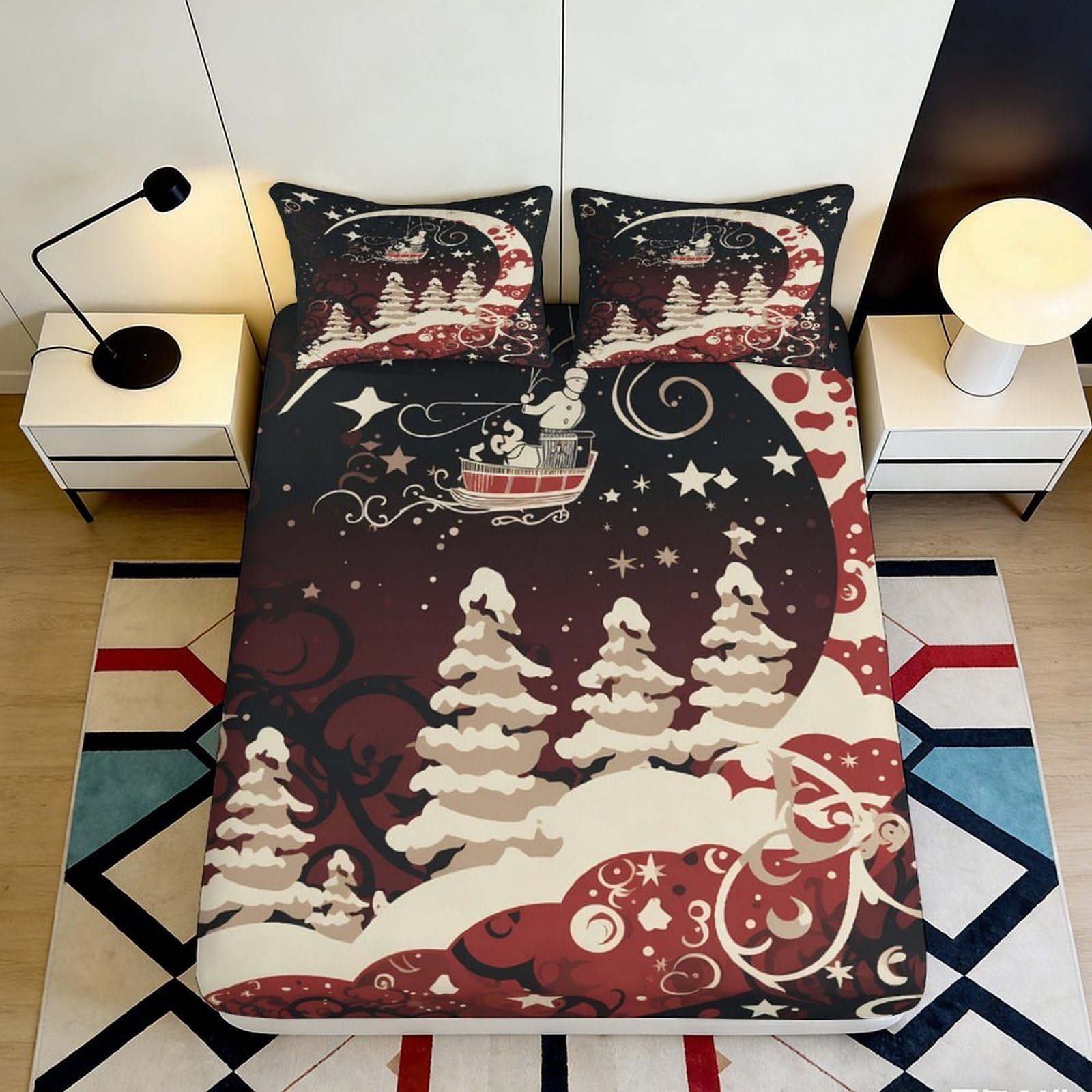 Jqzkxnhpbr Style-6 3D Printed Christmas Night Fitted Sheet Microfiber Santa Sleigh Bed Cover For Bedroom Guest Room Mattress Protection Decor 90X200x25cm