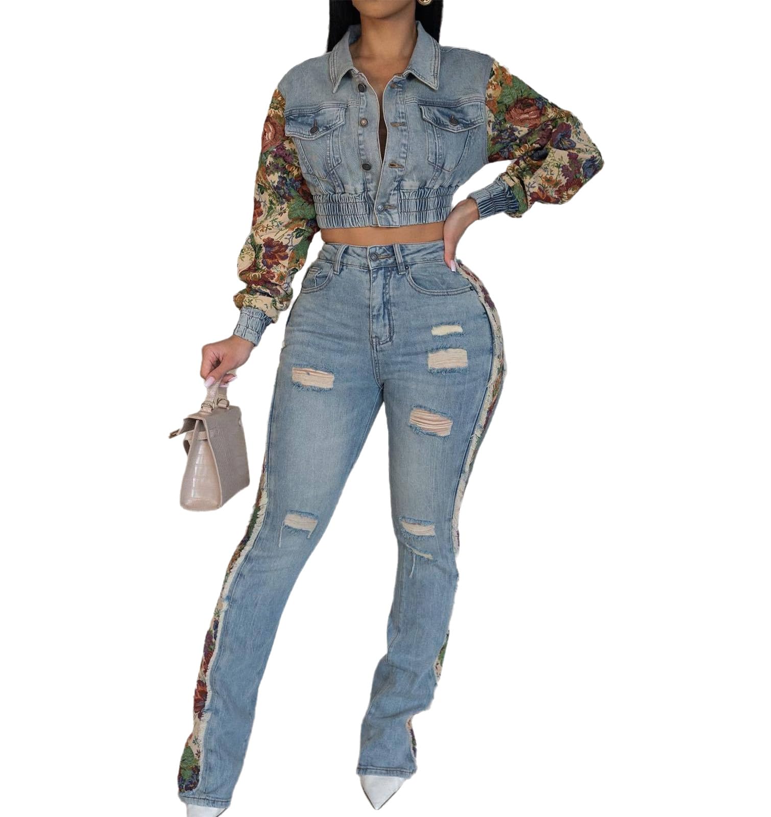 Set da 2 pezzi per donna giacca di jeans a maniche lunghe e jeans strappati set di jeans patchwork denim outfit
