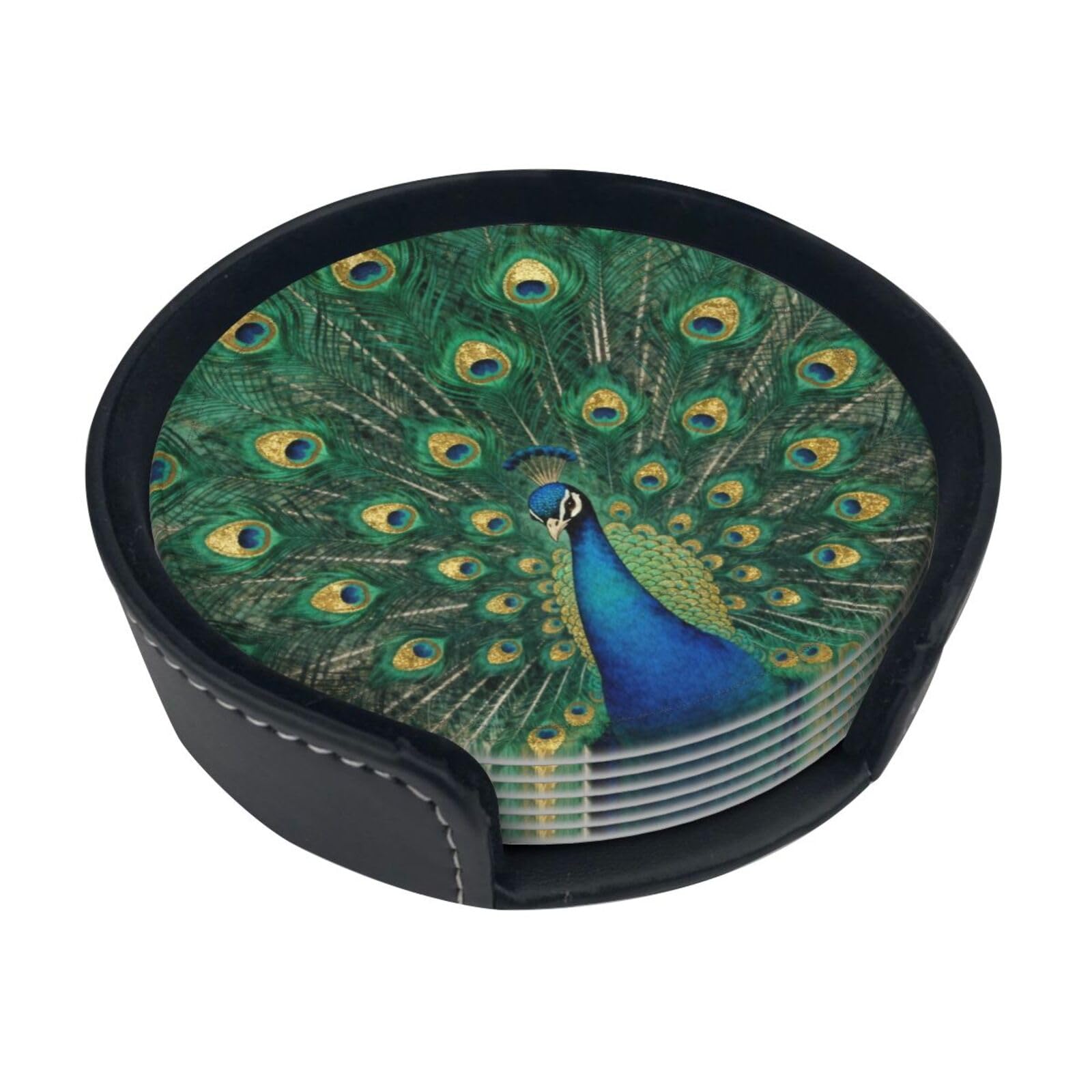 Cntdbu White Peacock Tail Gold Leather Coasters Set Of 6-Pu Leather Drink Mats For Table, Heat Resistant Round Coasters With Holder