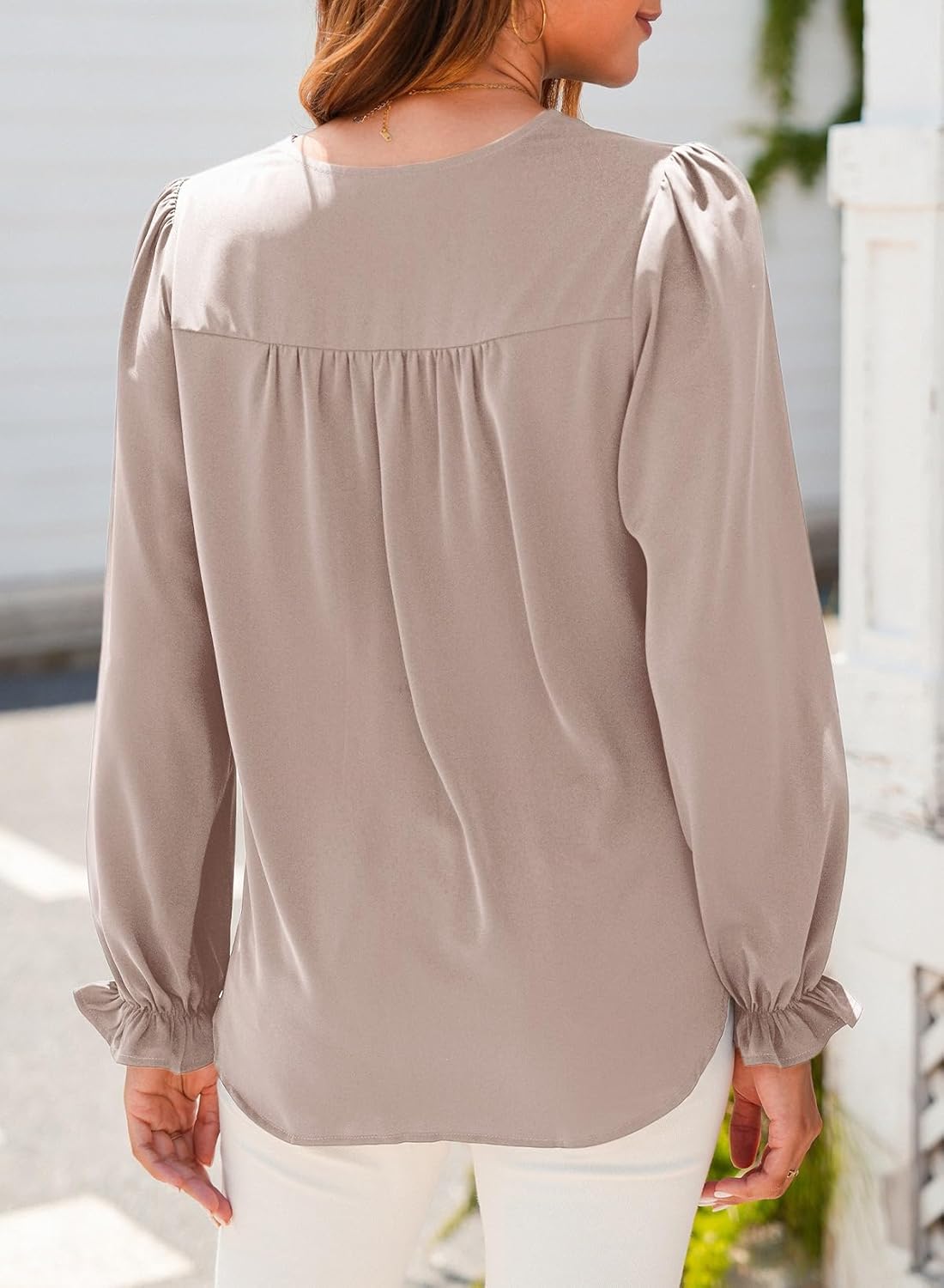 Dokotoo Womens Tops Casual Pleated V Neck Puff Long Sleeve T Shirts Loose Tunic Business Blouse - Image 7