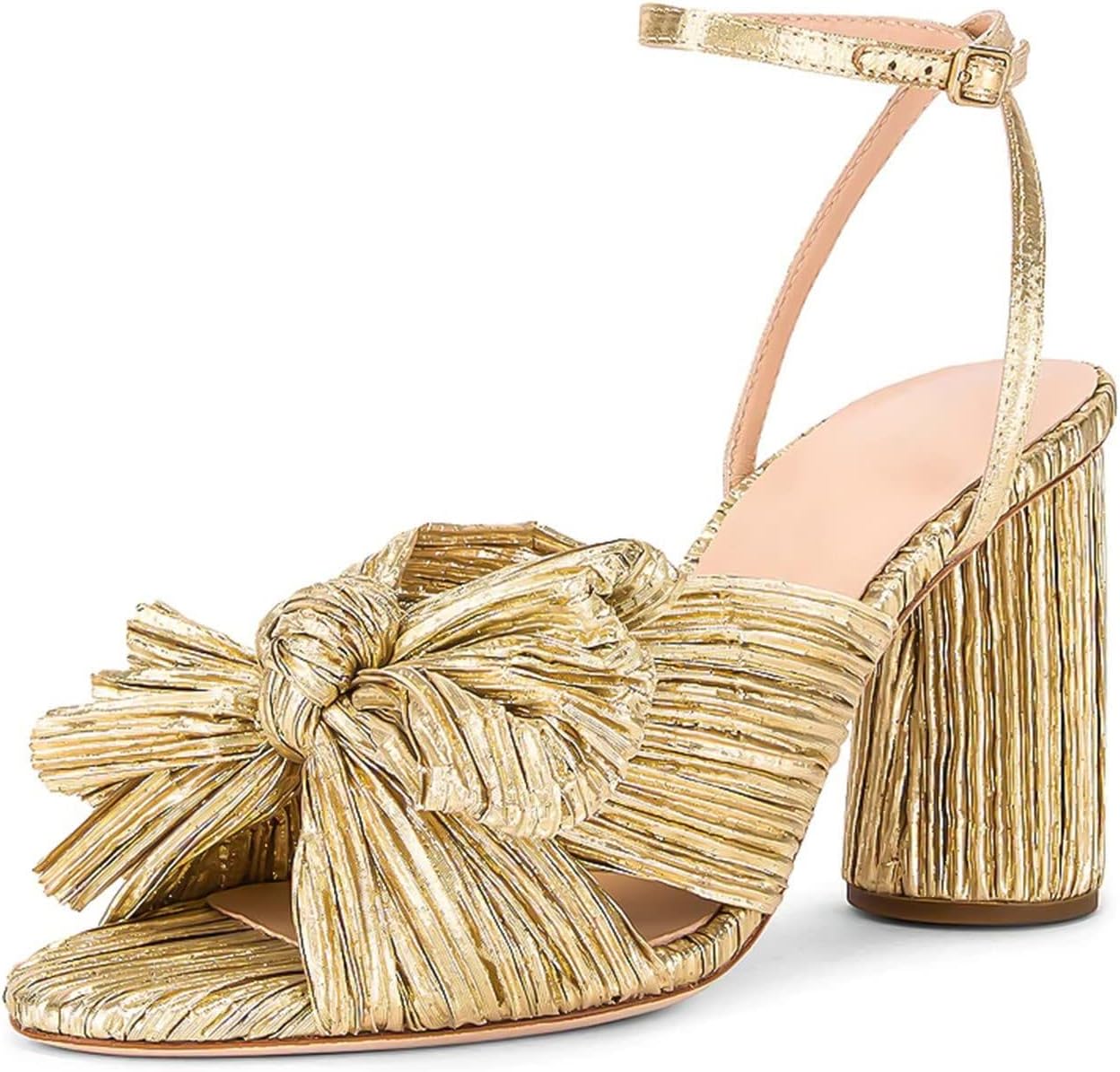 MICIFA Gold Bow Heels for Women Open Toe Block Chunky Heels Bow Knot Heeled Sandals Ankle Strap Bride Wedding Shoes