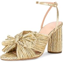 MICIFA Gold Bow Heels for Women Open Toe Block Chunky Heels Bow Knot Heeled Sandals Ankle Strap Bride Wedding Shoes