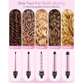 5 in 1 Curling Wand Set: Ohuhu Curling Iron Wand 5Pcs 0.35 to 1.25 Inch Interchangeable Ceramic Barrel Heat Protective Glove 2 Clips Dual Voltage Hair Curler for Girl Women Mother Christmas Gift Pink